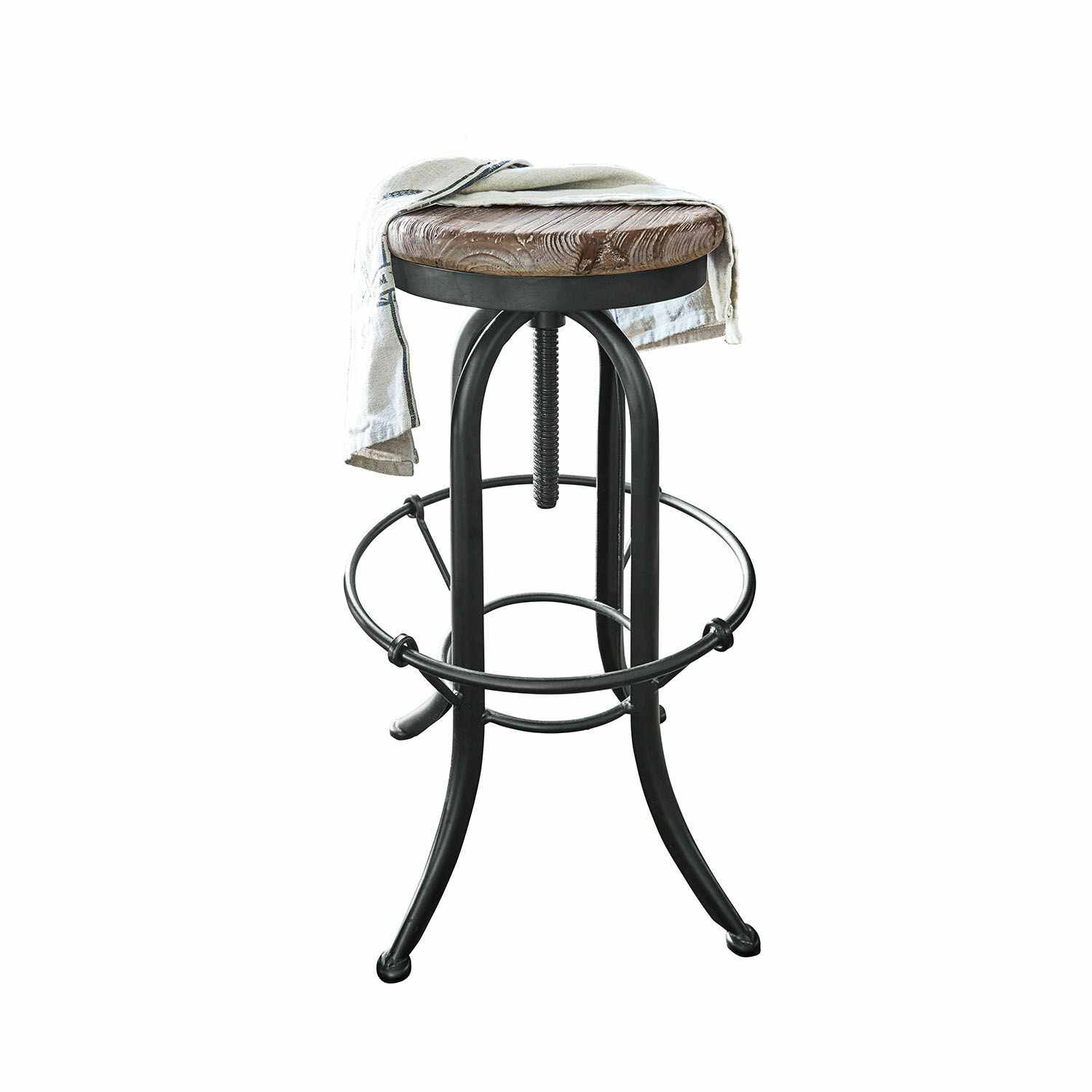 Hocker Cambria Industrieller Barhocker mit schwarzem Metallgestell und Holzsitz mit Stoffdecke