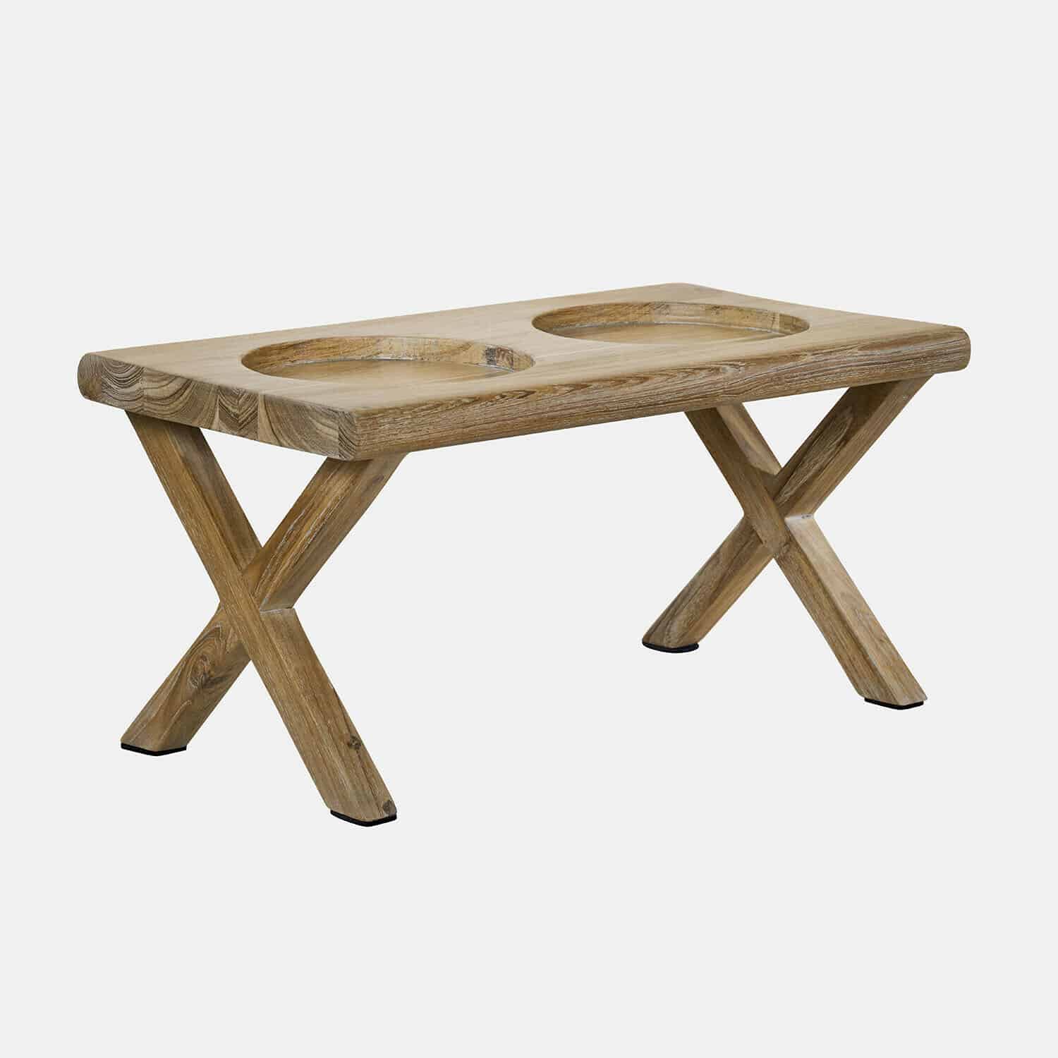 Doppelter Futternapfständer aus hellem Naturholz mit gekreuzten Beinen für Haustiere