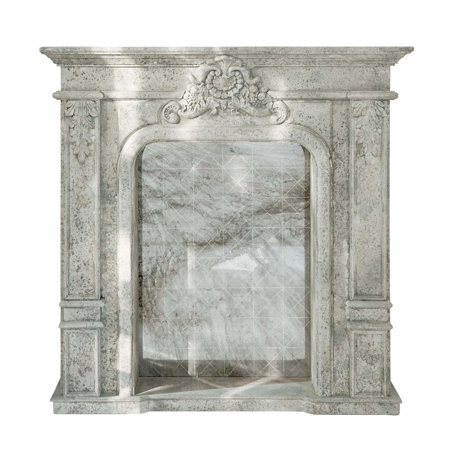 Kaminkonsole Rethonvillers Klassischer Kaminportal aus hellem Marmor mit dekorativem oberen Relief und grauer Marmormusterung