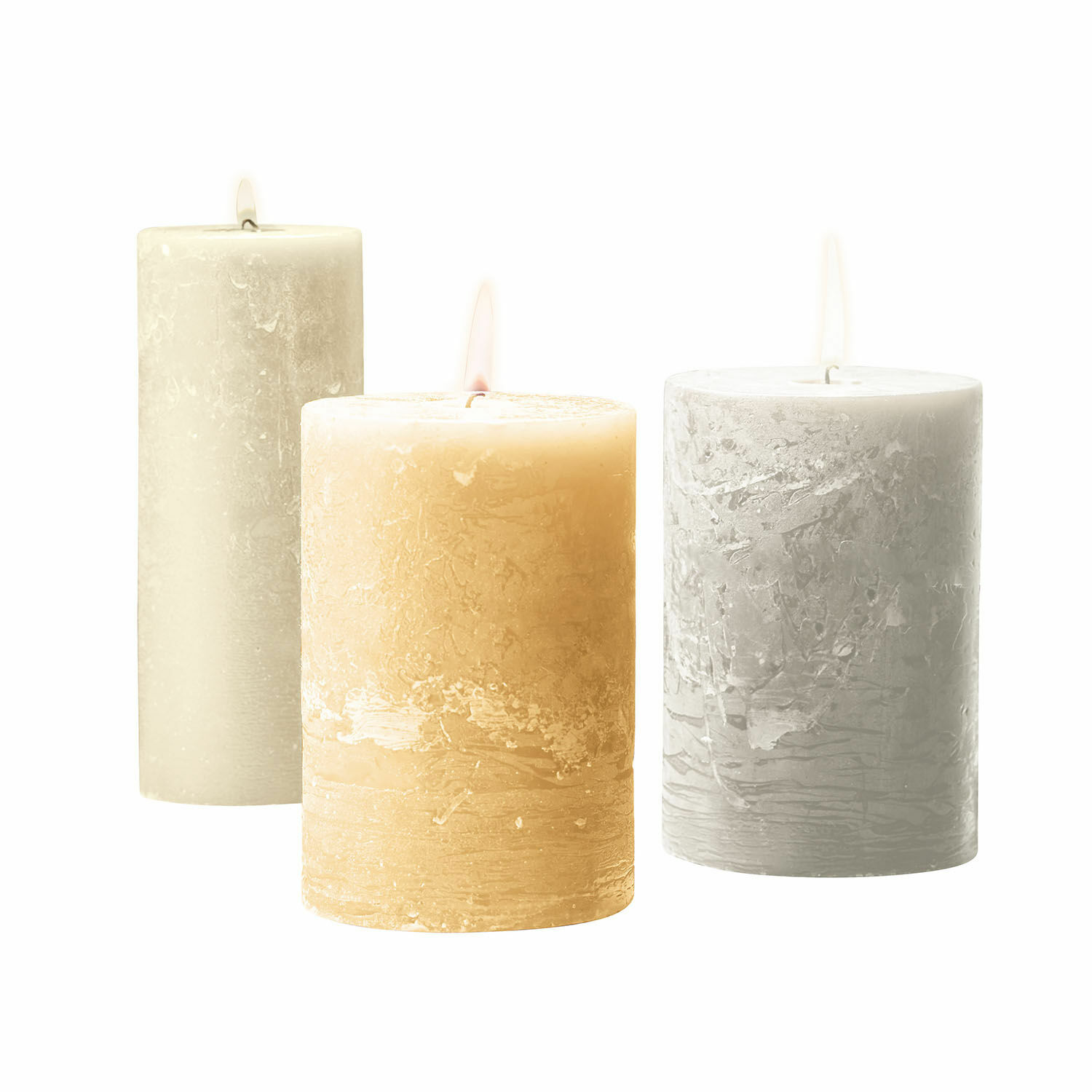 Kerze 3er Set Salis Drei dekorative Wachskerzen in Beige, Grau und Creme mit rustikaler Vintage-Struktur