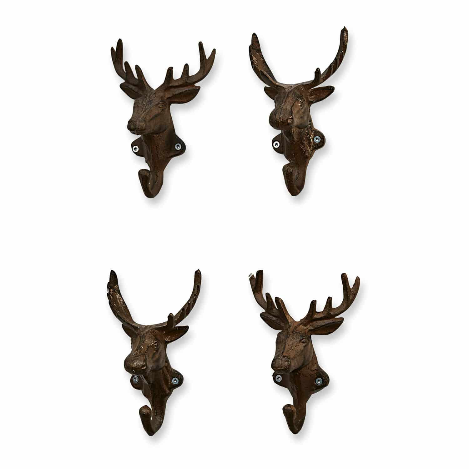 Haken 4er Set Deer Set aus vier braunen Metall-Wandhaken in Hirschkopf-Form zur Wanddekoration