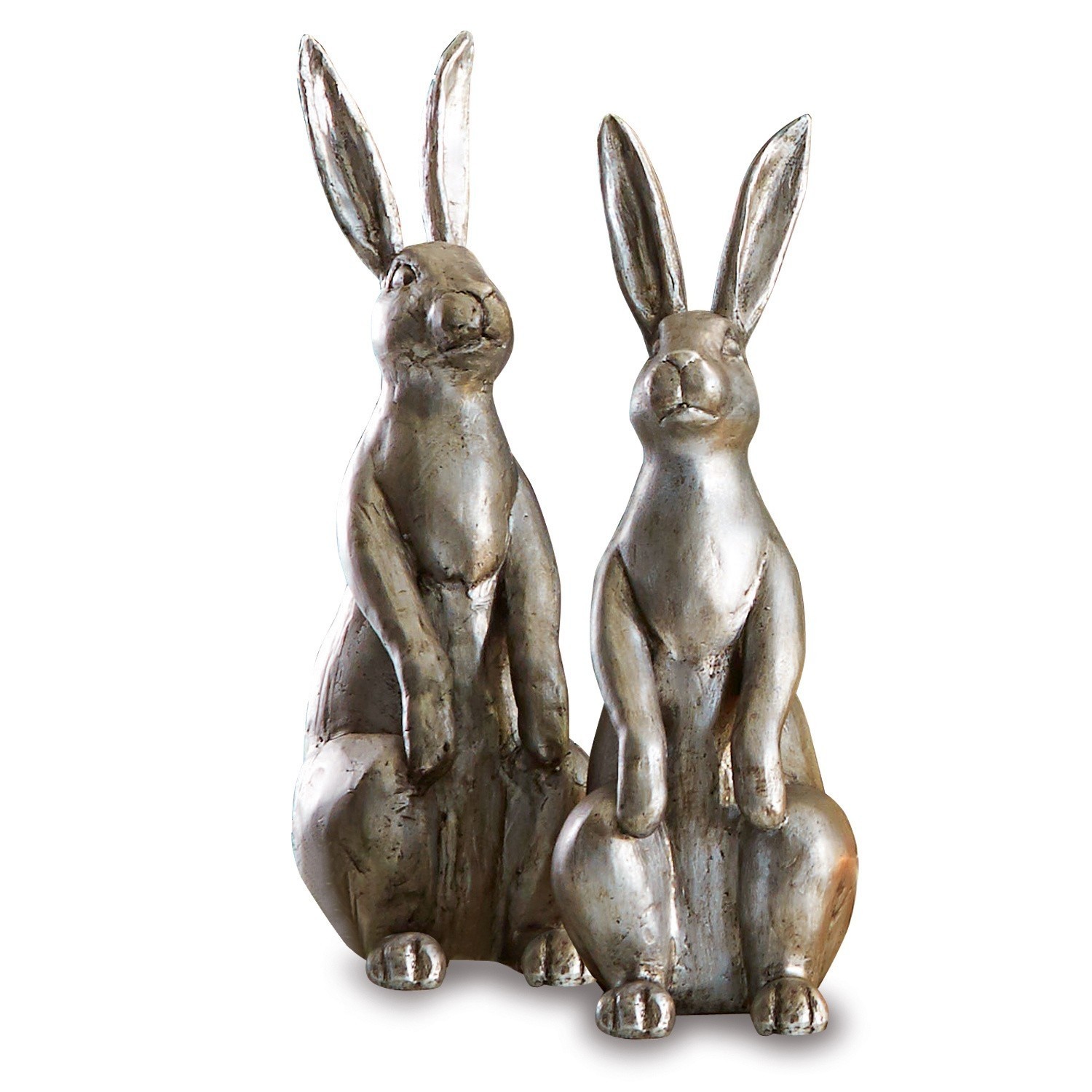 Zwei dekorative Hasenfiguren aus silberfarbenem Metall für Wohn- und Gartendekor