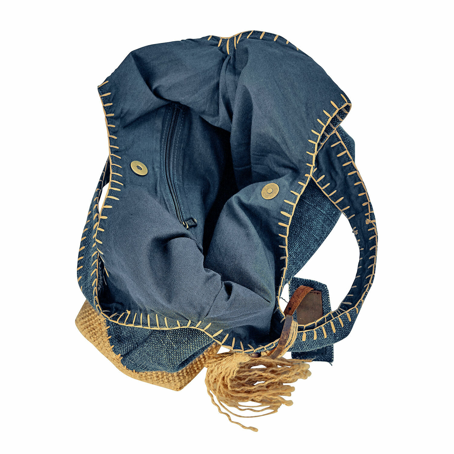Dunkelblaue Stofftasche mit hellen Nähten und Fransen, praktisches Accessoire für den Alltag