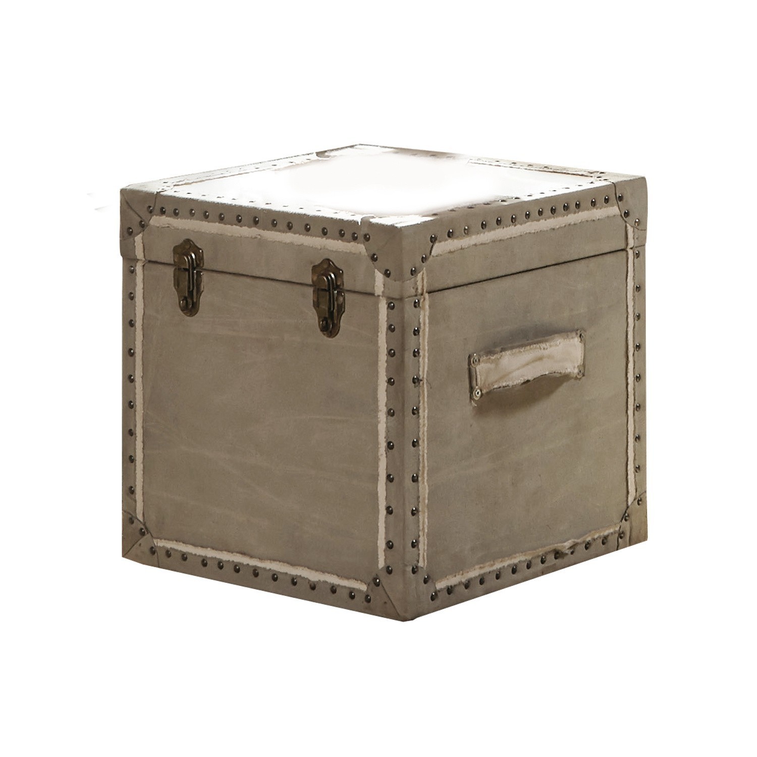 Beige Stofftruhe mit Metallnieten und Griffen, vintage Aufbewahrungskiste