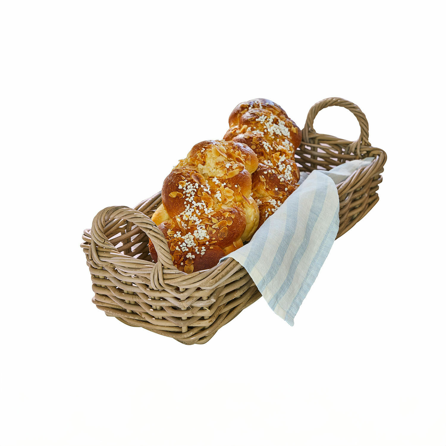 Korb Balmis Wikingerkorb mit zwei süßen Hefebrötchen, bestreut mit Mandeln und Hagelzucker