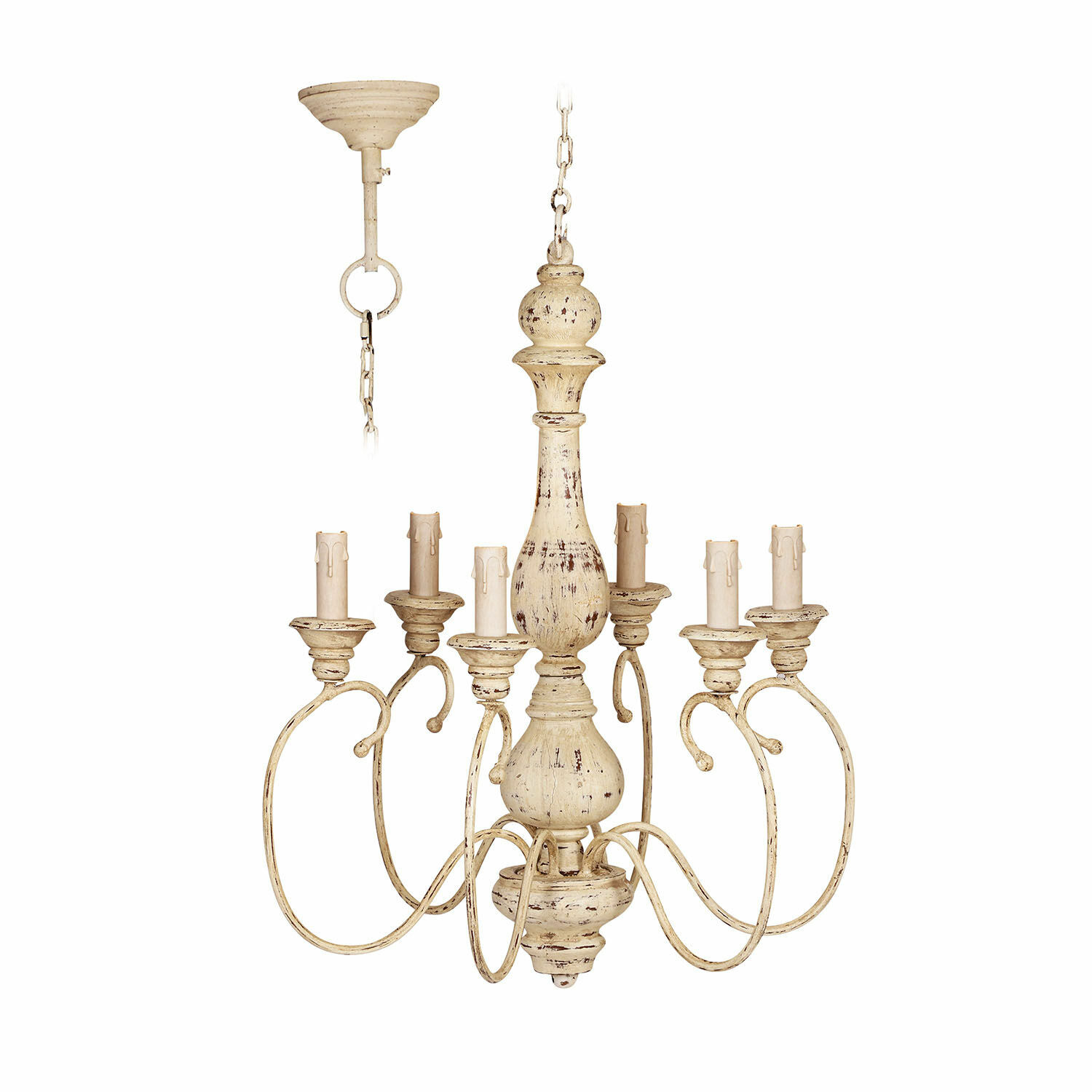 Hängelampe Greenwich Vintage Metall-Kronleuchter in Creme mit sechs Kerzenhaltern, dekoratives Beleuchtungselement für Innenräume.