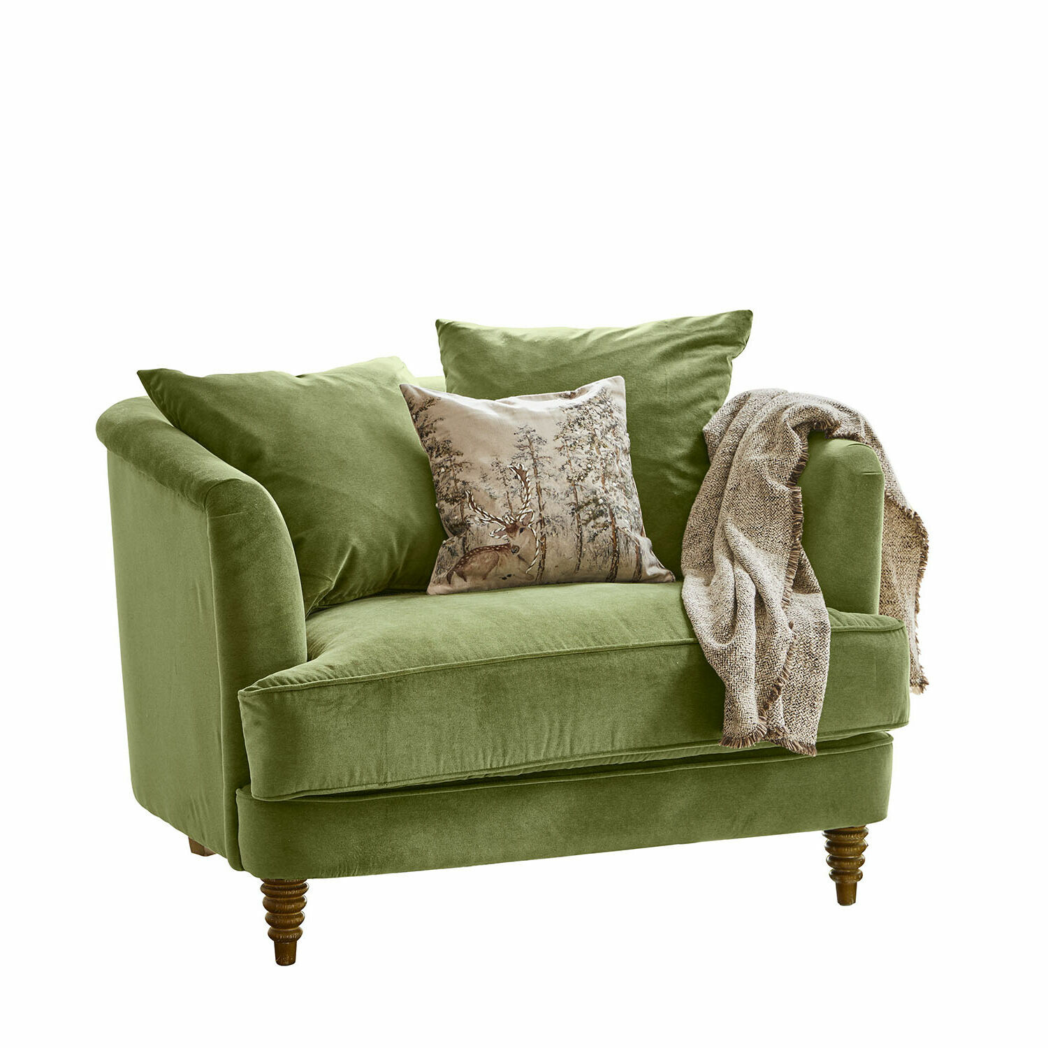 Sessel Etueffont Grünes Sofa aus weichem Stoff mit Kissen und beiger Decke, gemütliches Wohnzimmermöbel