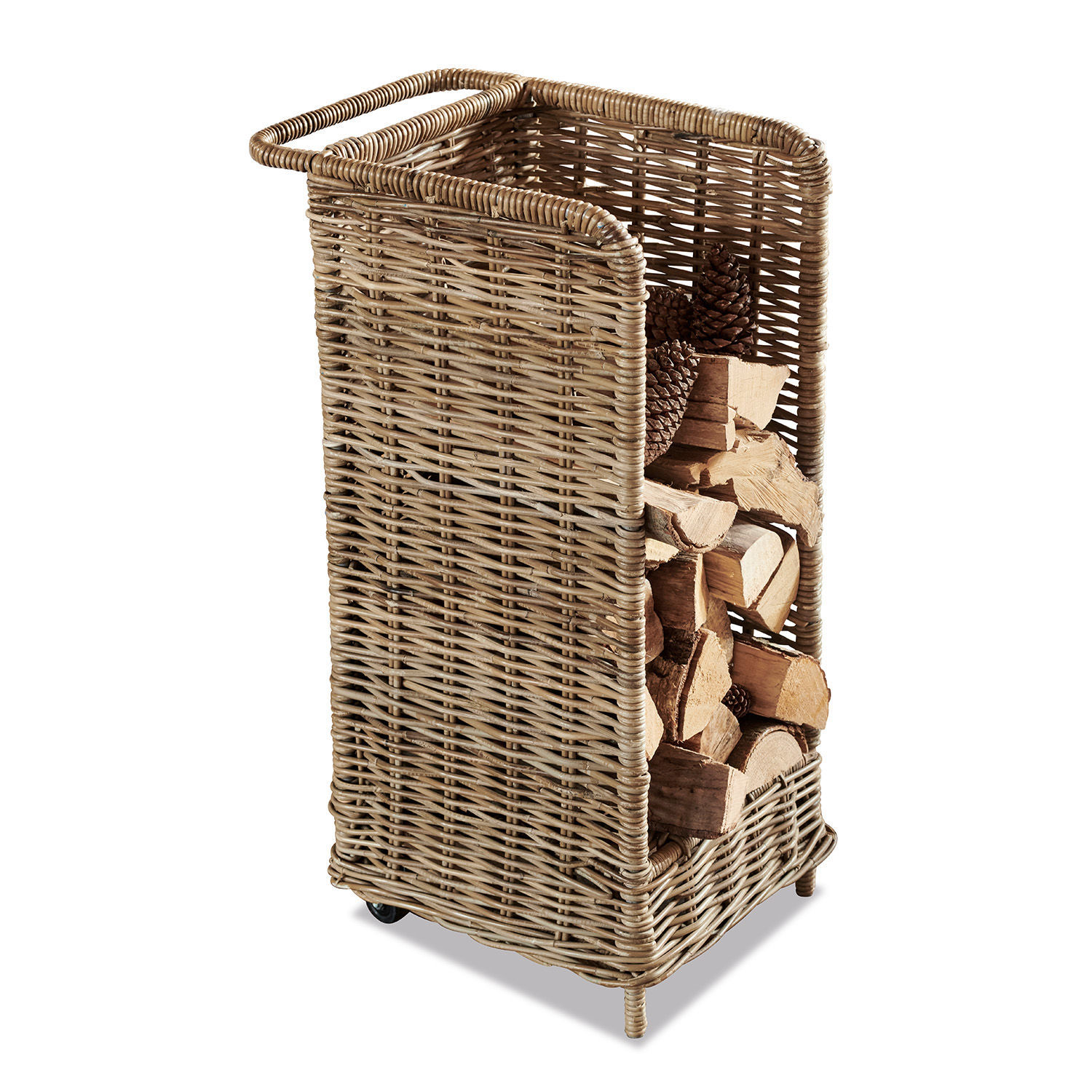 Feuerholzkorb Xabier Rattankorb in Naturfarbe mit Rollen zum einfachen Transport von Kaminholz und Zubehör