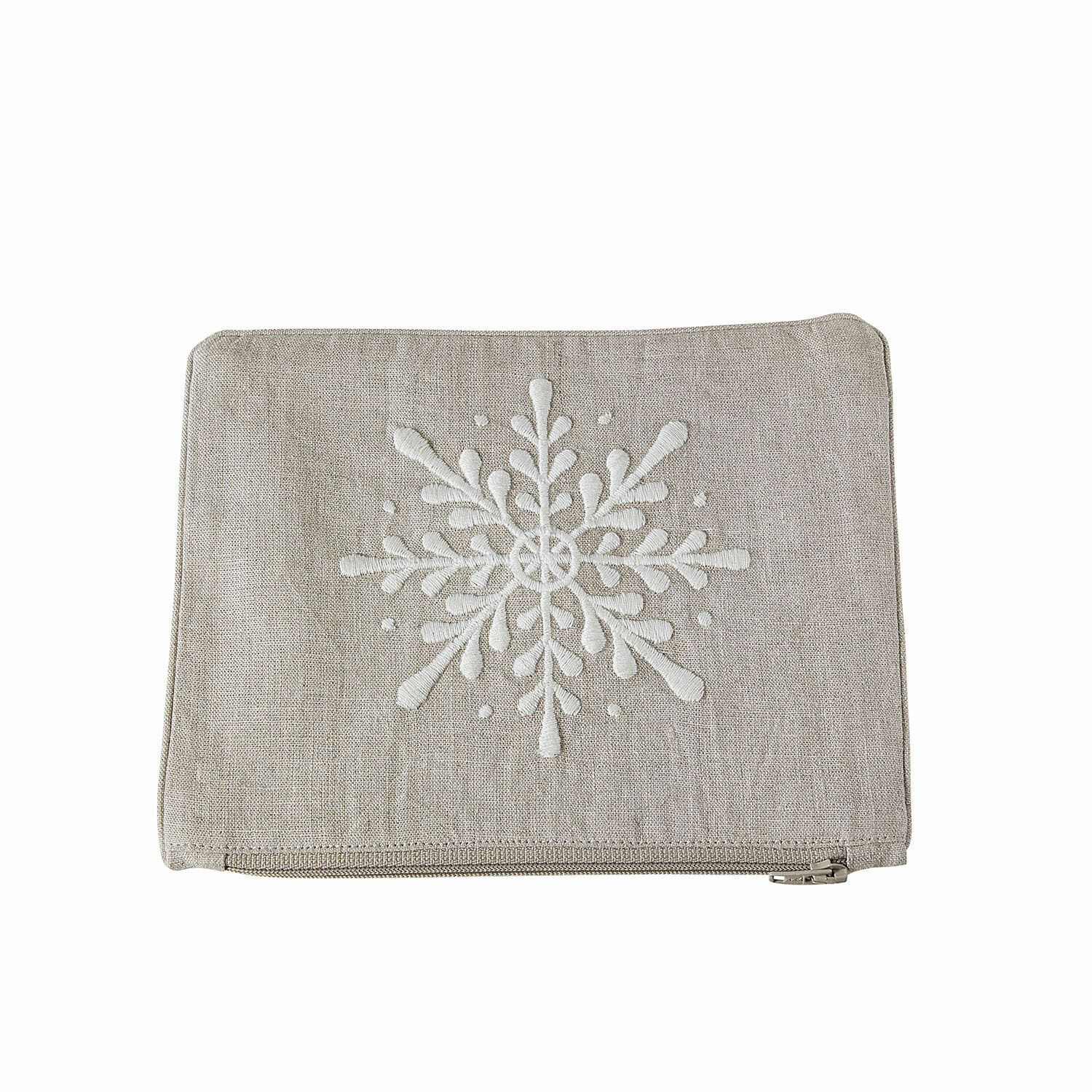 Beige Leinenhülle mit weißem Schneeflocken-Stickmuster und Reißverschluss, winterliche Deko
