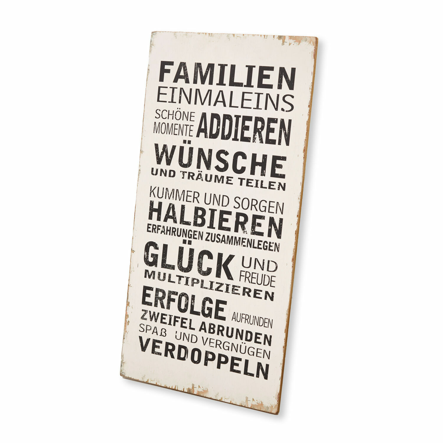 Holztafel mit schwarzem Familienspruch auf weißem Hintergrund, rustikale Wanddekoration