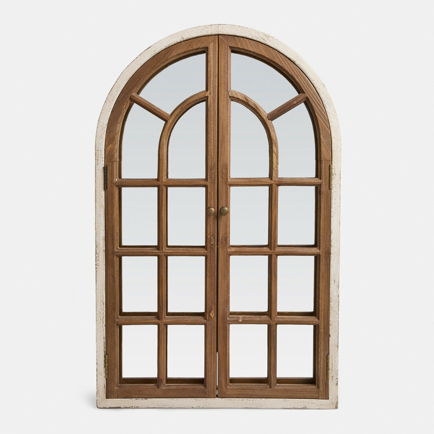 Deko-Fenster mit Spiegel Montévine Holzfenster mit rundem oberen Bogen und weißem Rahmen, rustikaler Stil, dekorative Verglasung