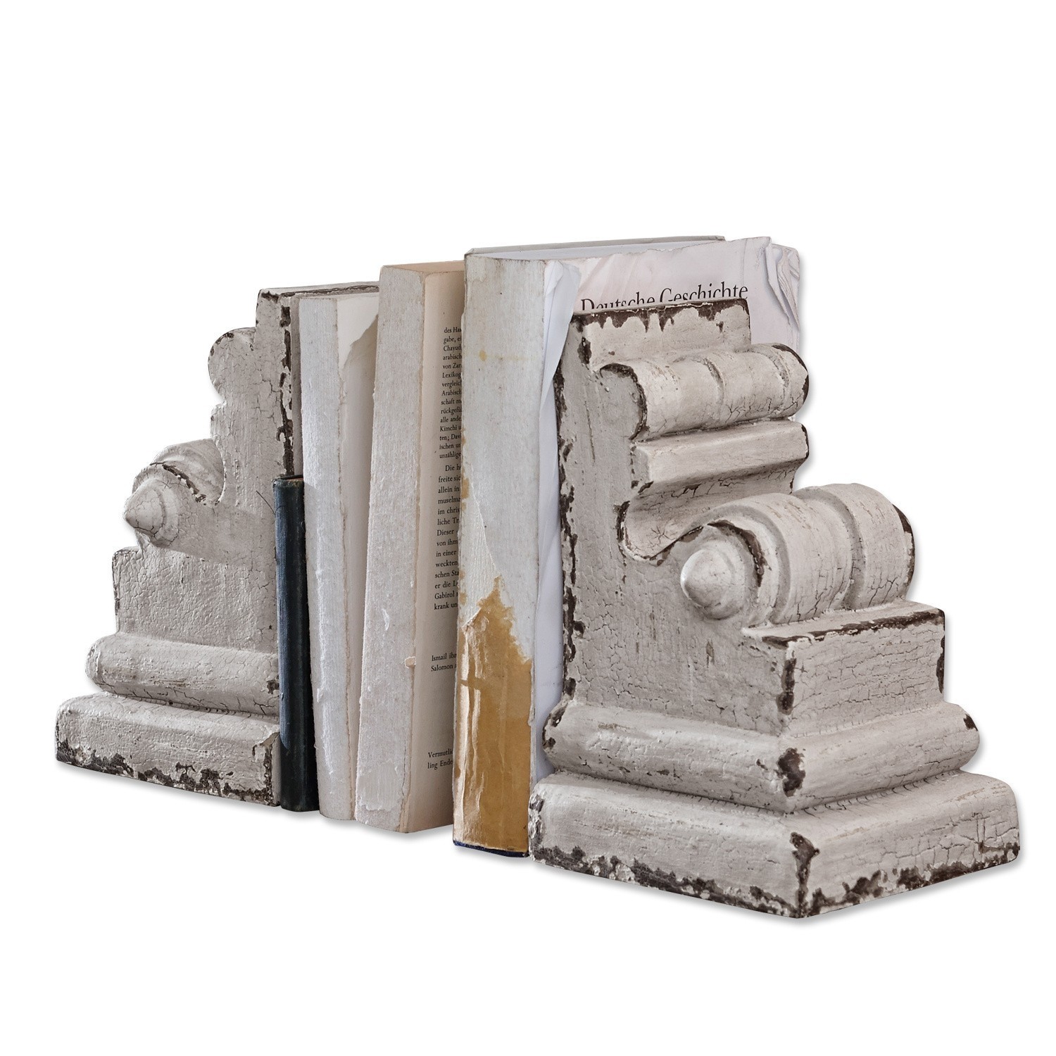 Weiße, antik wirkende Holz-Buchstützen mit Ornamenten, ideal zur Buchorganisation und Wohnraumdekoration