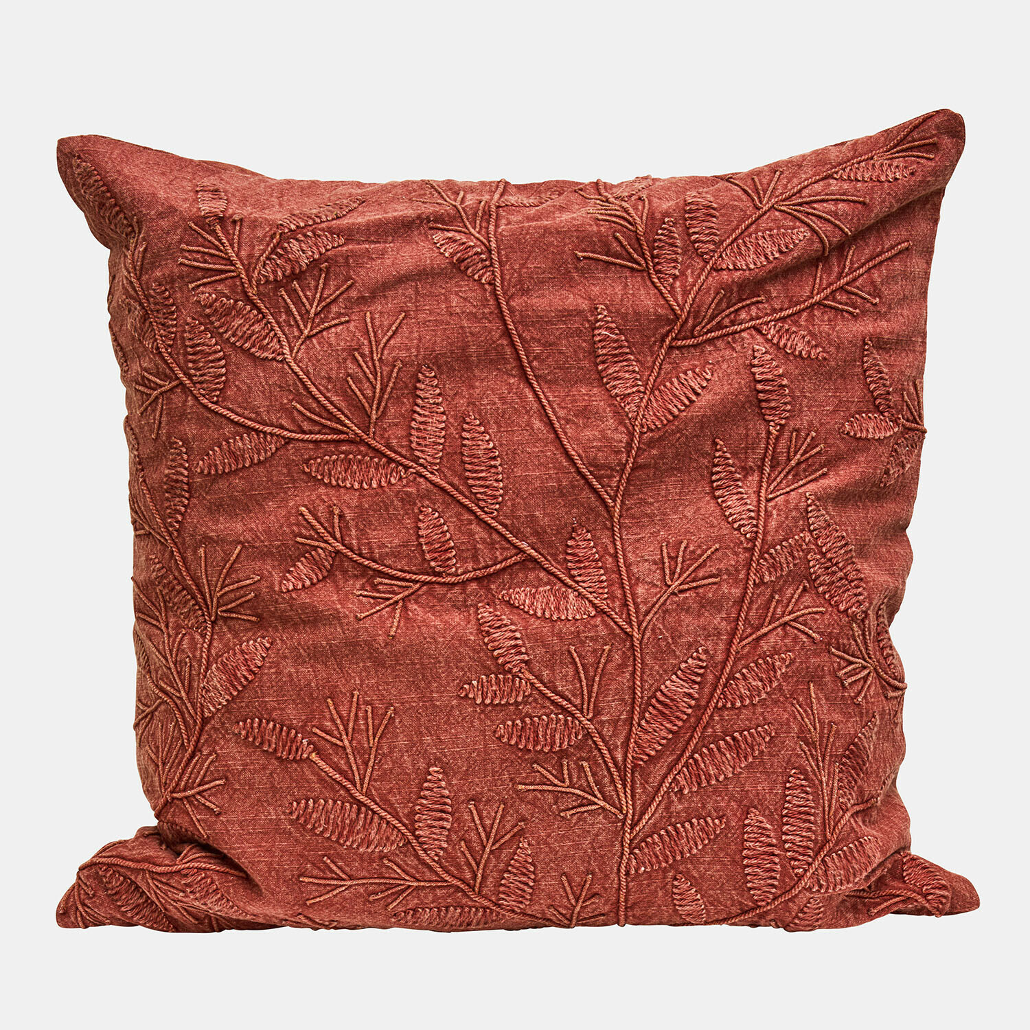 Rotes Dekokissen mit besticktem Blattmuster, weiches Material, Wohnaccessoire