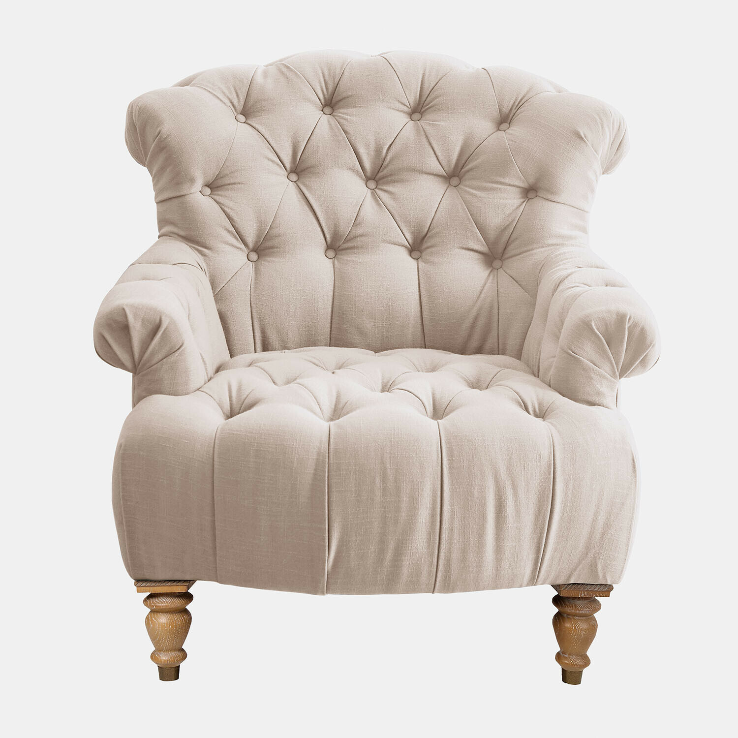 Springfield Sessel aus beigem Leinen mit gesteppter Rückenlehne und gedrechselten Holzbeinen, elegantes Wohnzimmermöbel