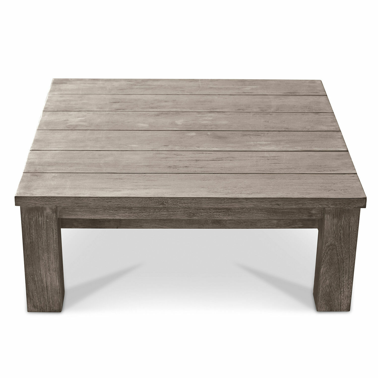 Niedriger quadratischer Couchtisch aus grauem Holz für Wohnzimmer und Garten