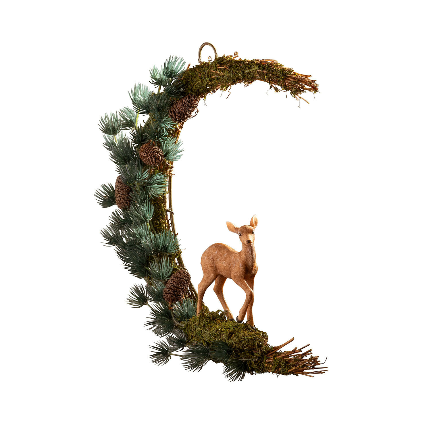 Hängedeko Isnara Dekorativer Kranz aus Zweigen, Zapfen und Moos mit Rehfigur, natürliche Farben, Weihnachtsdeko