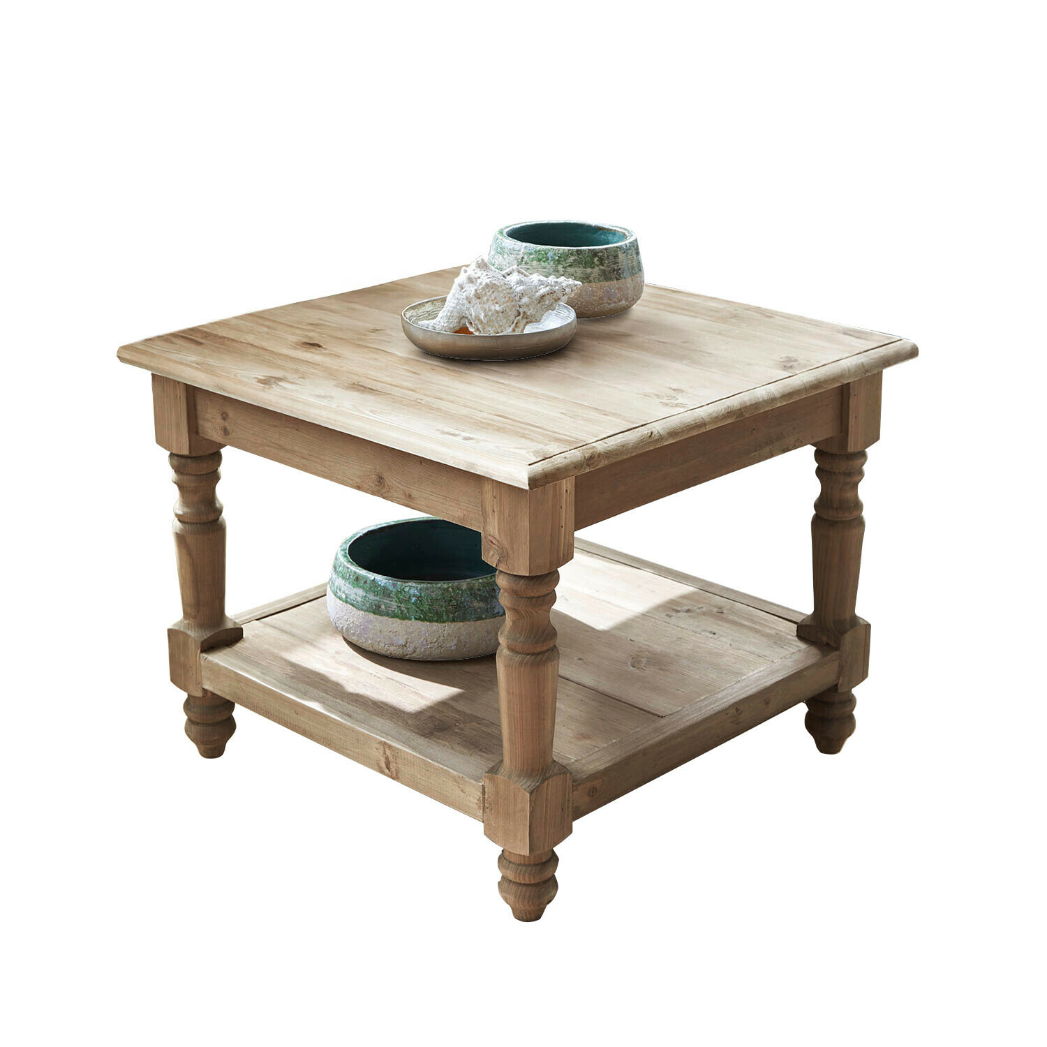 Couchtisch Belméran Quadratischer Couchtisch aus naturbelassenem Kiefernholz mit Ablage und grünen Keramikschalen