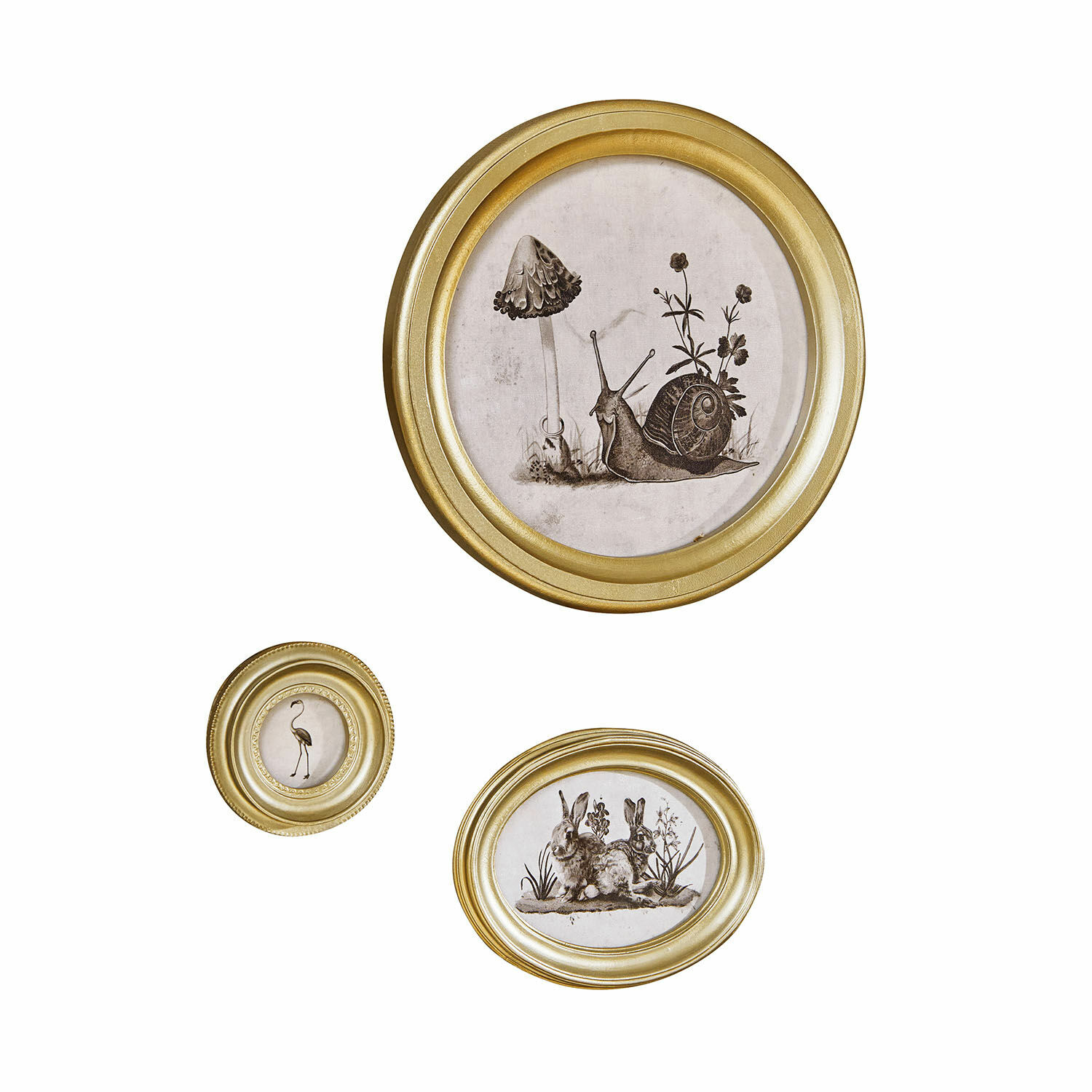 Bild 3er Set Atriana Drei goldene Bilderrahmen mit Zeichnungen von Schnecke, Flamingo und Hasen als Wanddekoration
