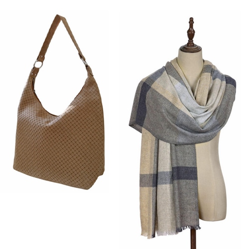 Braune Tasche aus geflochtenem Leder und grau-beiger Karoschal auf Schaufensterpuppe, modische Accessoires