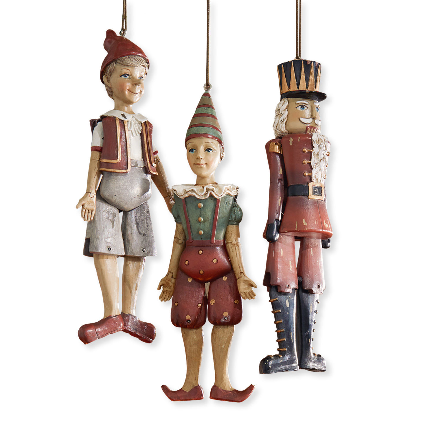 Figur 3er Set Udine Set aus drei hölzernen Vintage-Hängedekorationen: Pinocchio, Clown und Soldat in Rot und Grün