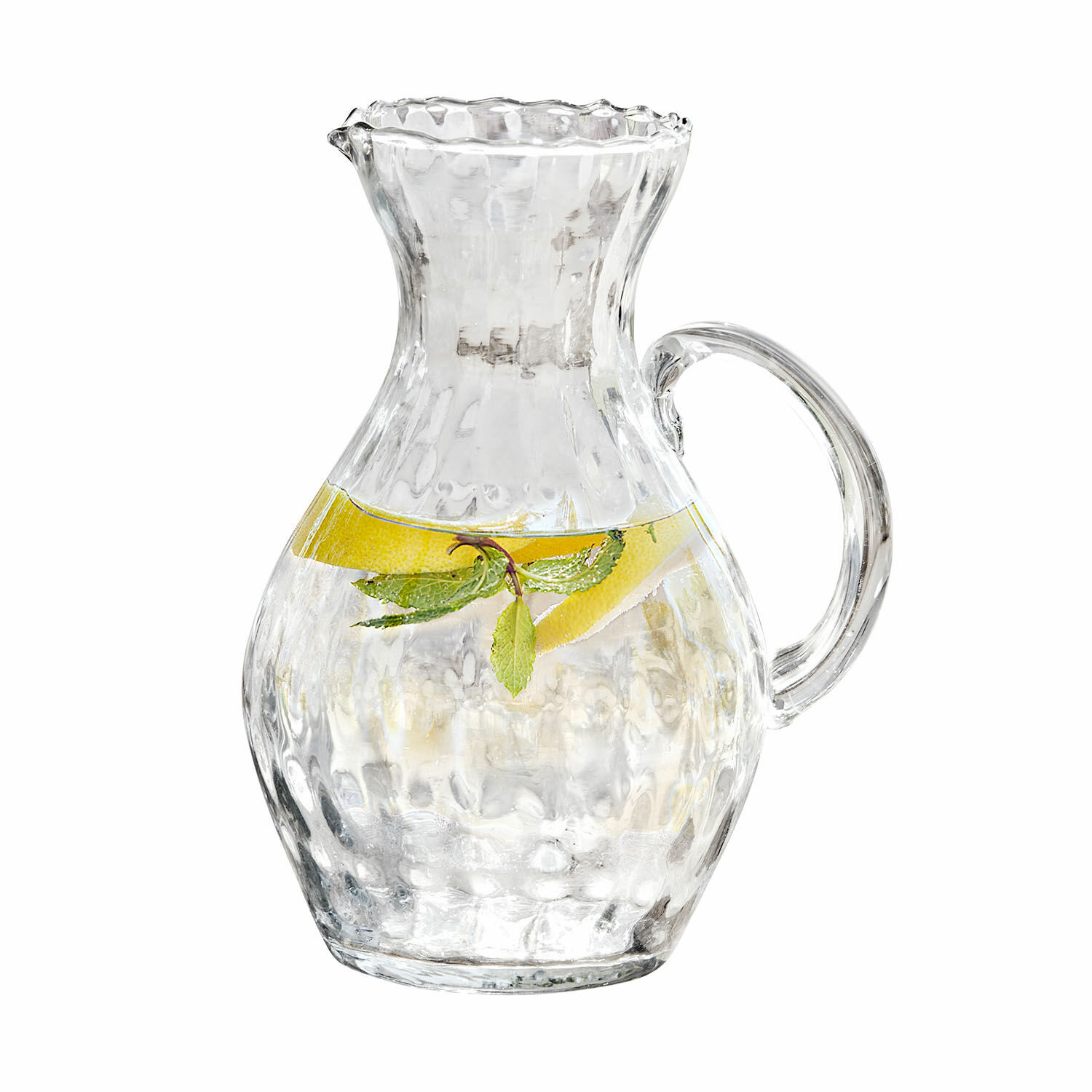Karaffe Bourgavin Glas-Krug mit Struktur, gefüllt mit Wasser, Zitronenscheibe und Minze, zum Servieren von Getränken