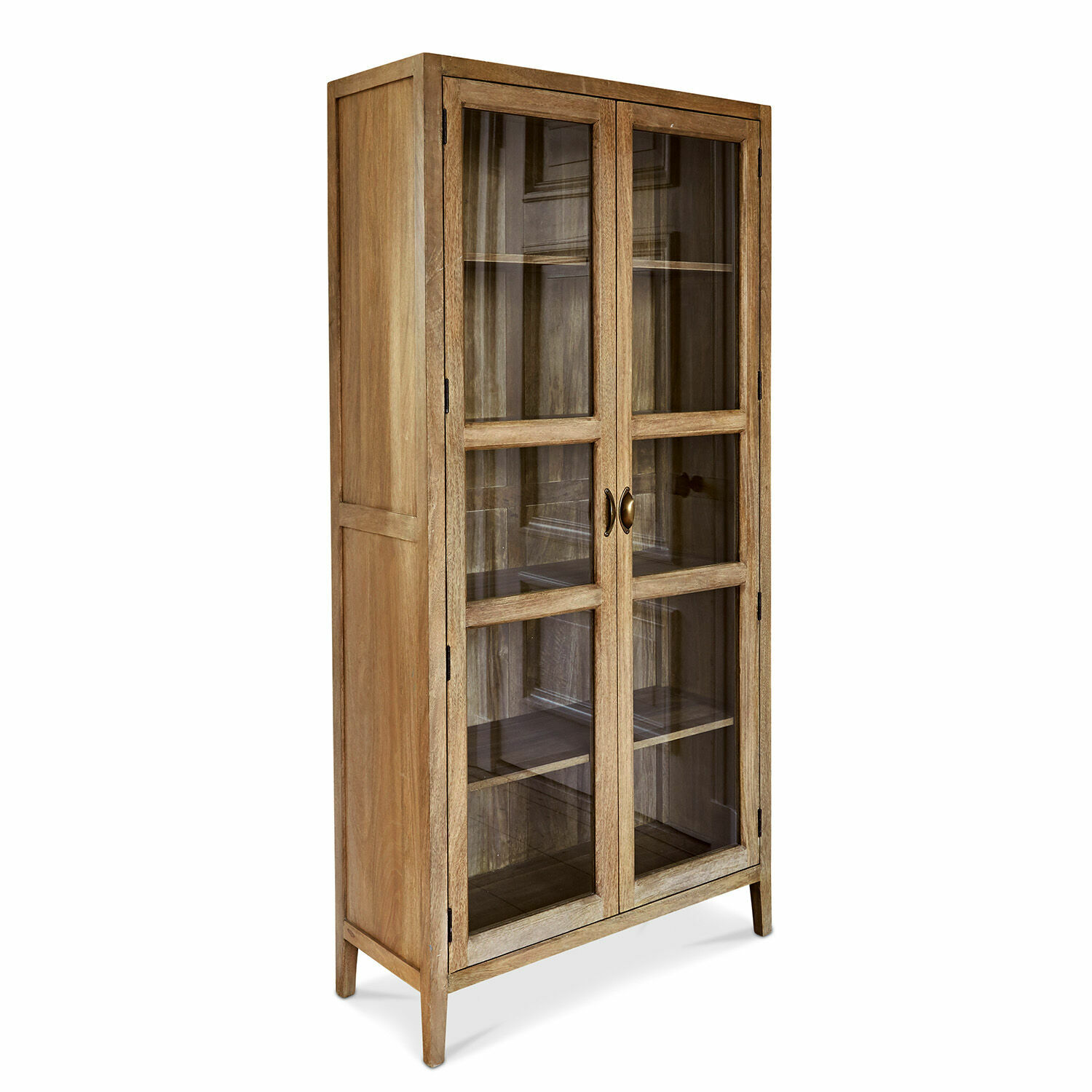 Vitrine aus natürlichem Mangoholz mit Glastüren und Regalen für stilvolle Aufbewahrung