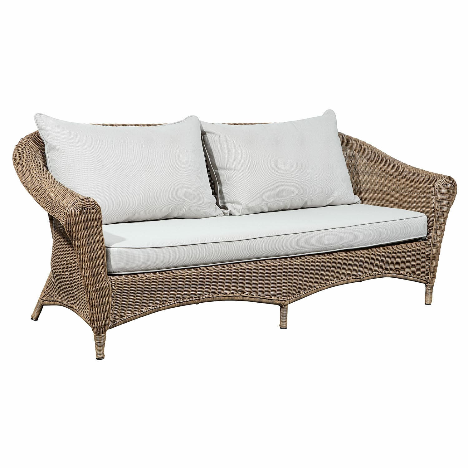 Rattansofa mit hellbeigen Kissen und Polster, gemütliches Gartenmöbel zum Entspannen