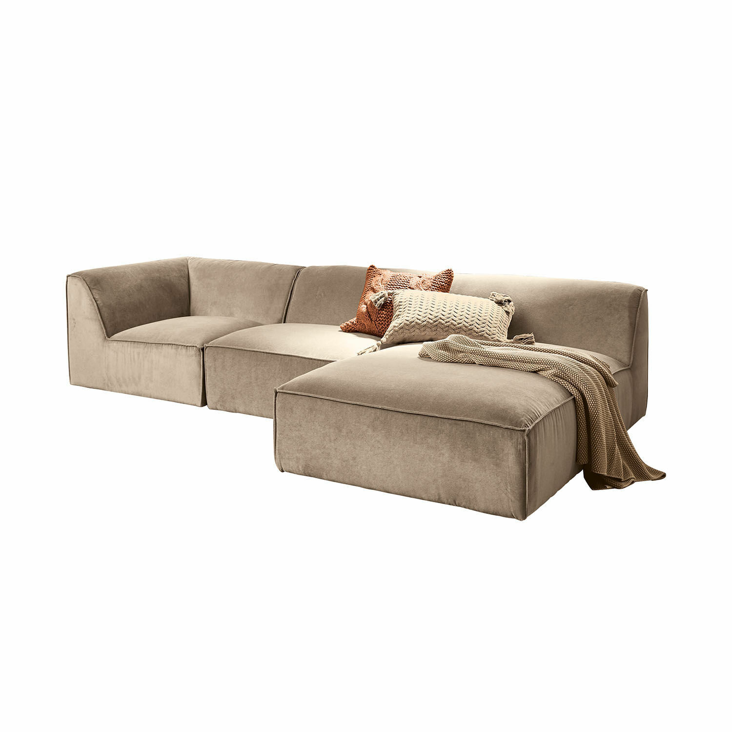 Sofa McLean Beige modulare Couch aus weichem Stoff mit Kissen und Decke, moderner und bequemer Wohnzimmersessel