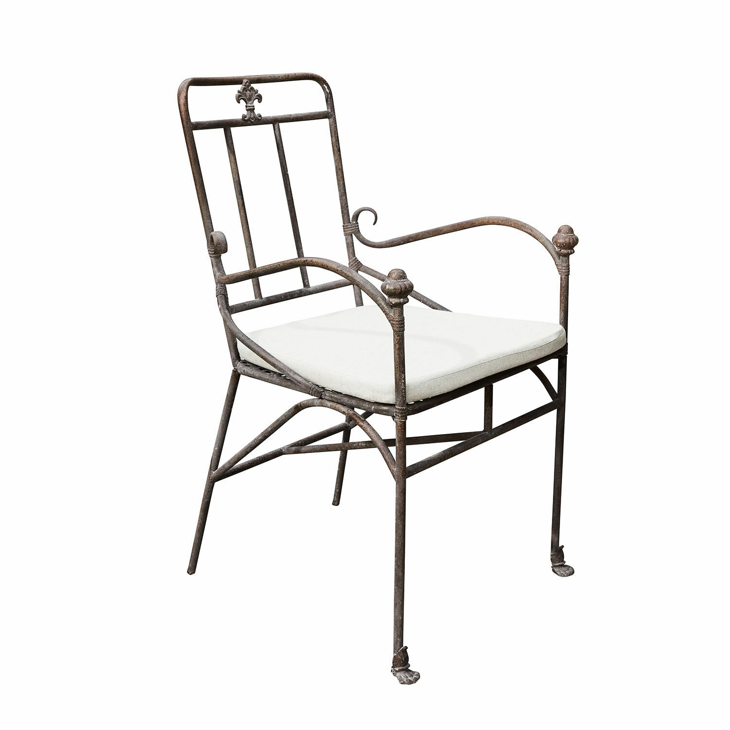 Stuhl Maidis Metall-Gartenstuhl mit weißem Polster und rustikalem Finish im Vintage-Stil