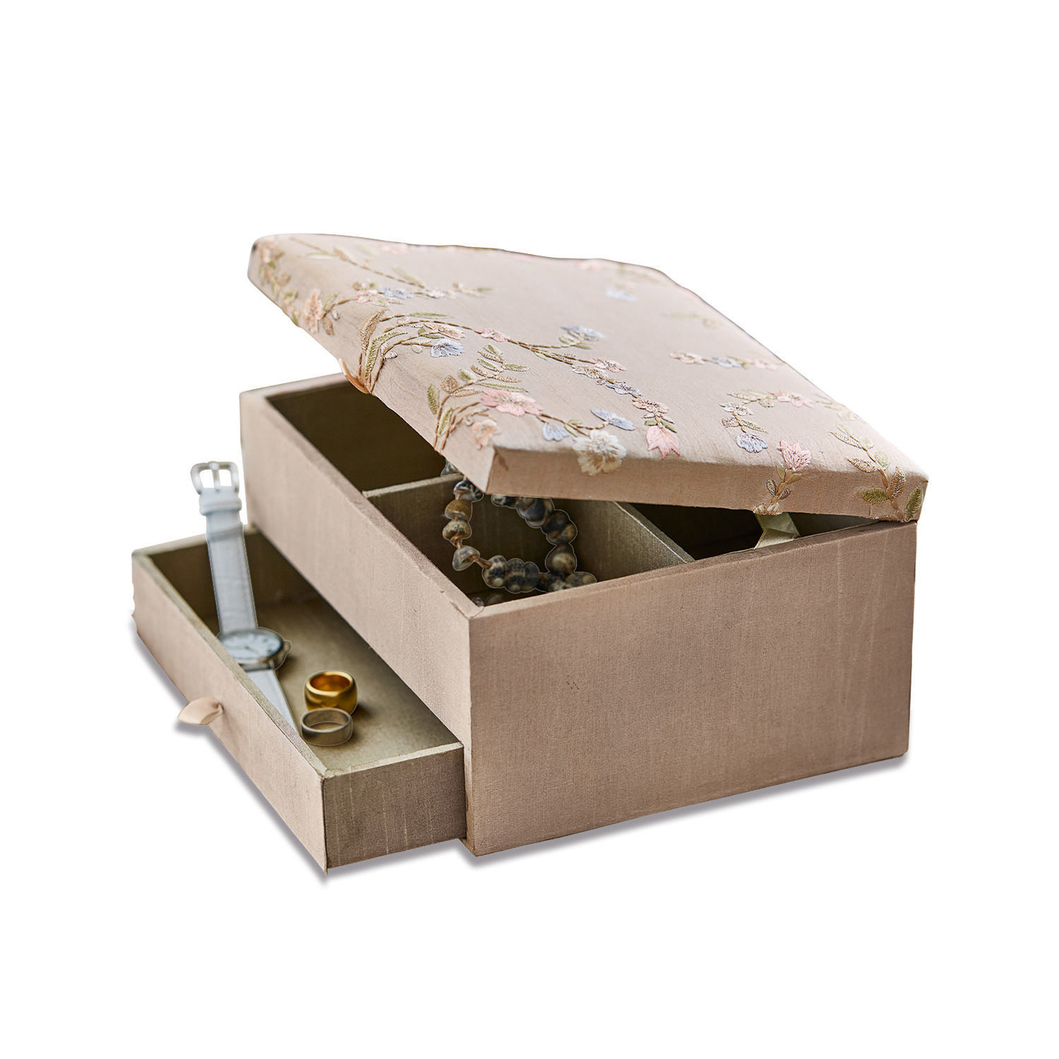 Beige Schmuckbox mit besticktem Deckel und Schublade für Uhr und Ringe