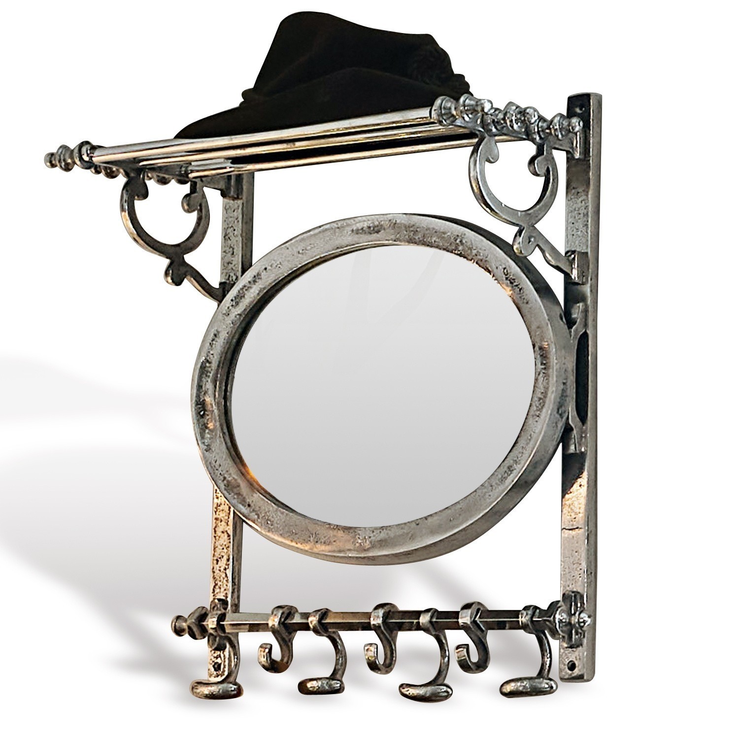 Wandregal aus Metall mit rundem Spiegel und Haken in silberner Vintage-Optik für den Flur