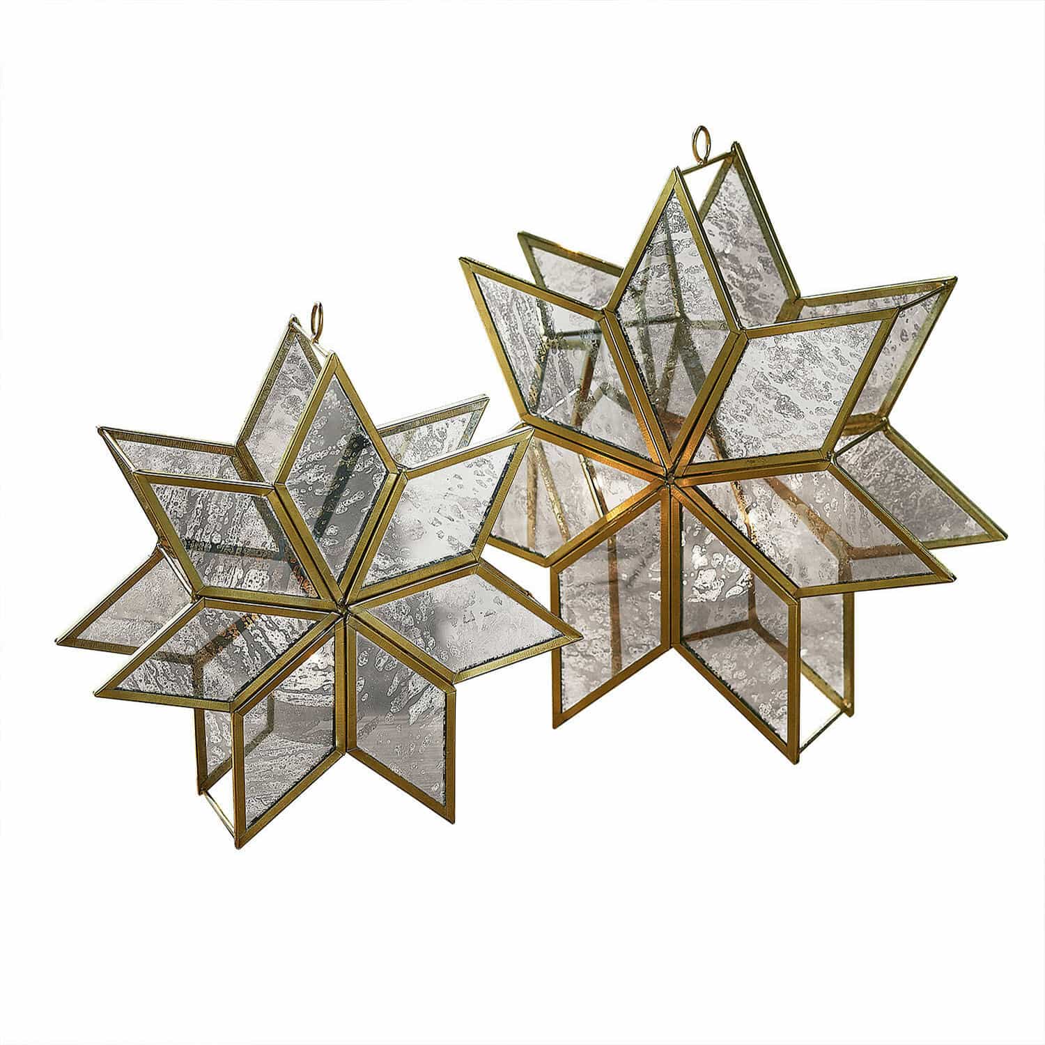 Kerzenhalter 2er Set Zaydan Dekorative Sterne aus Messing und gealtertem Glas, hängende Weihnachtsdekoration