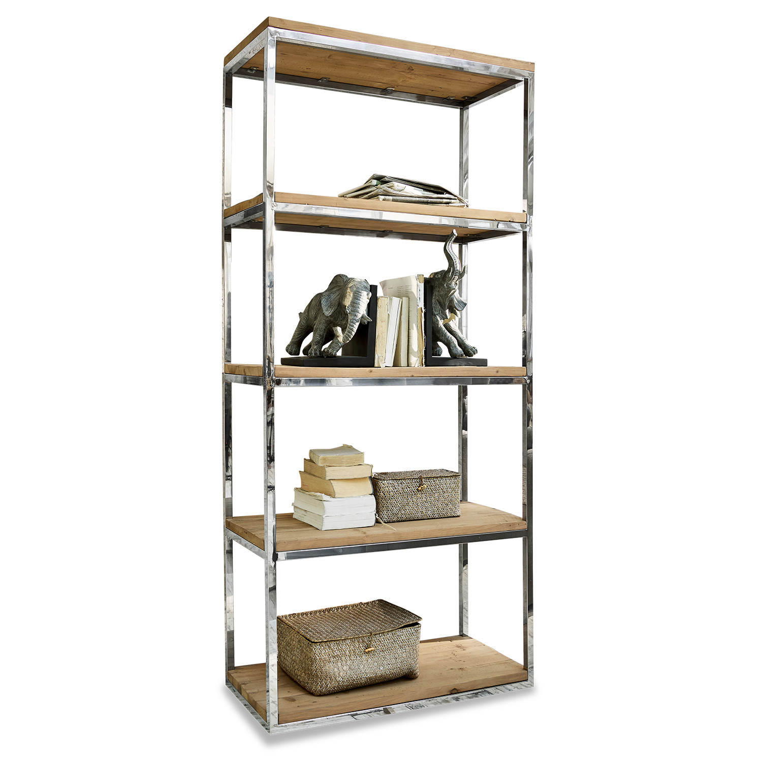 Regal aus Holz und Metall in Naturfarben mit Elefantenfiguren und Büchern als Dekoration