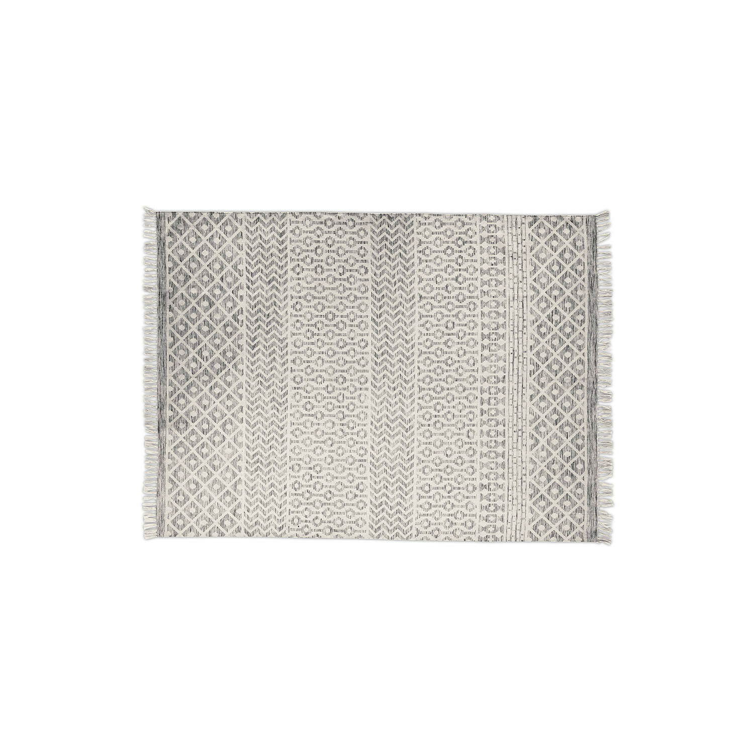 Baumwollteppich in Grau-Weiß mit geometrischem Design und Fransen, elegante Raumdekoration