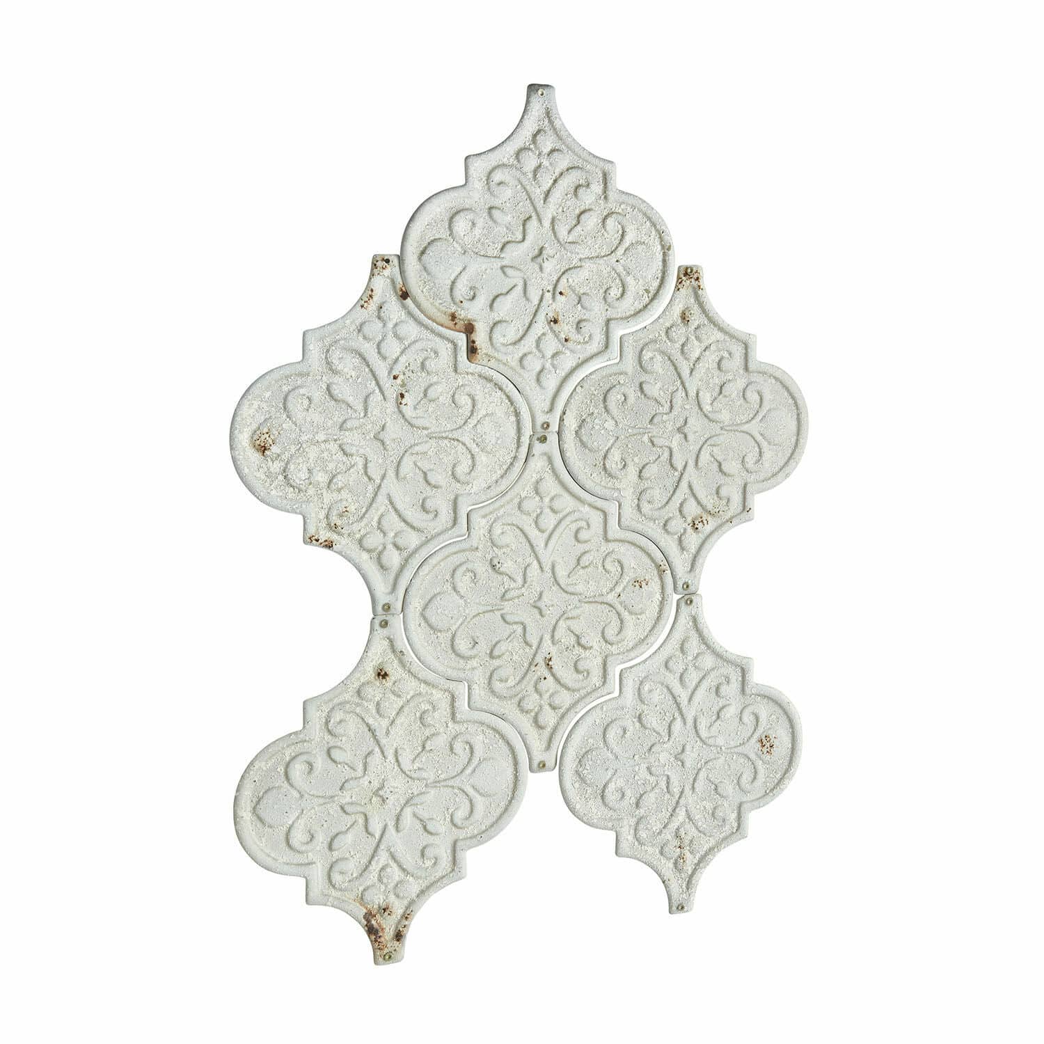 Wandornament 6er Set Halira Weiße Keramikfliesen mit dekorativem Muster und antiker Patina für Wandgestaltung