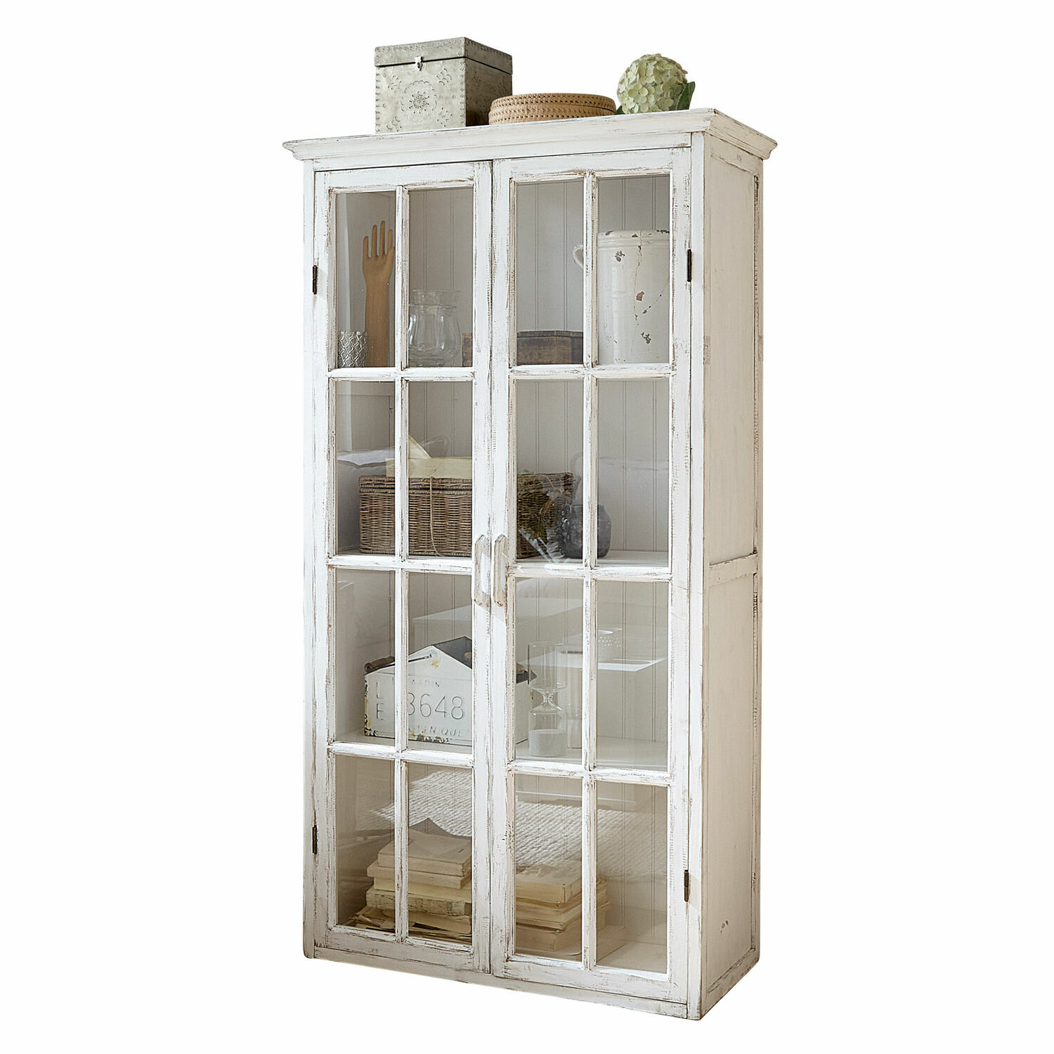 Schrank Keanu Weiße Holzvitrine mit Glastüren und dekorativen Regalen für Wohnzimmer