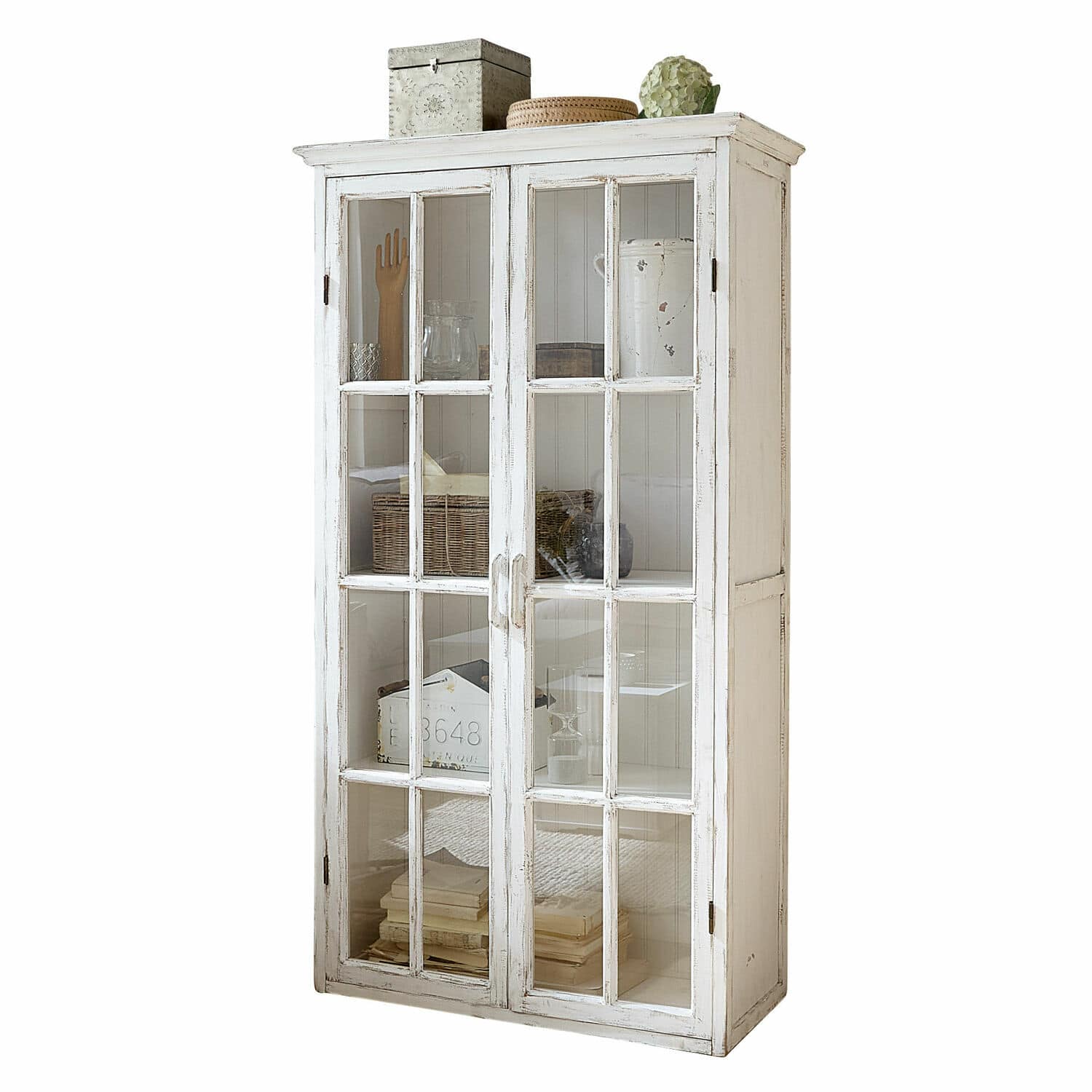 Schrank Keanu Weiße Holzvitrine mit Glastüren und dekorativen Regalen für Wohnzimmer