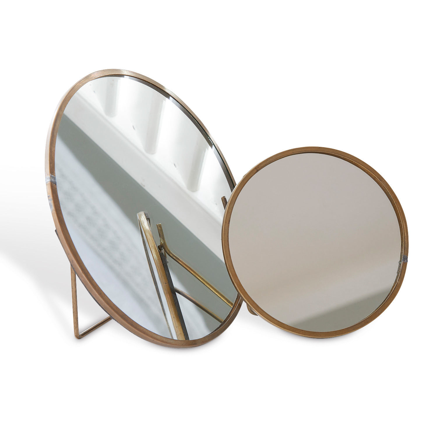 Zwei runde Spiegel mit messingfarbenem Metallrahmen, Wohnaccessoire und Baddekoration