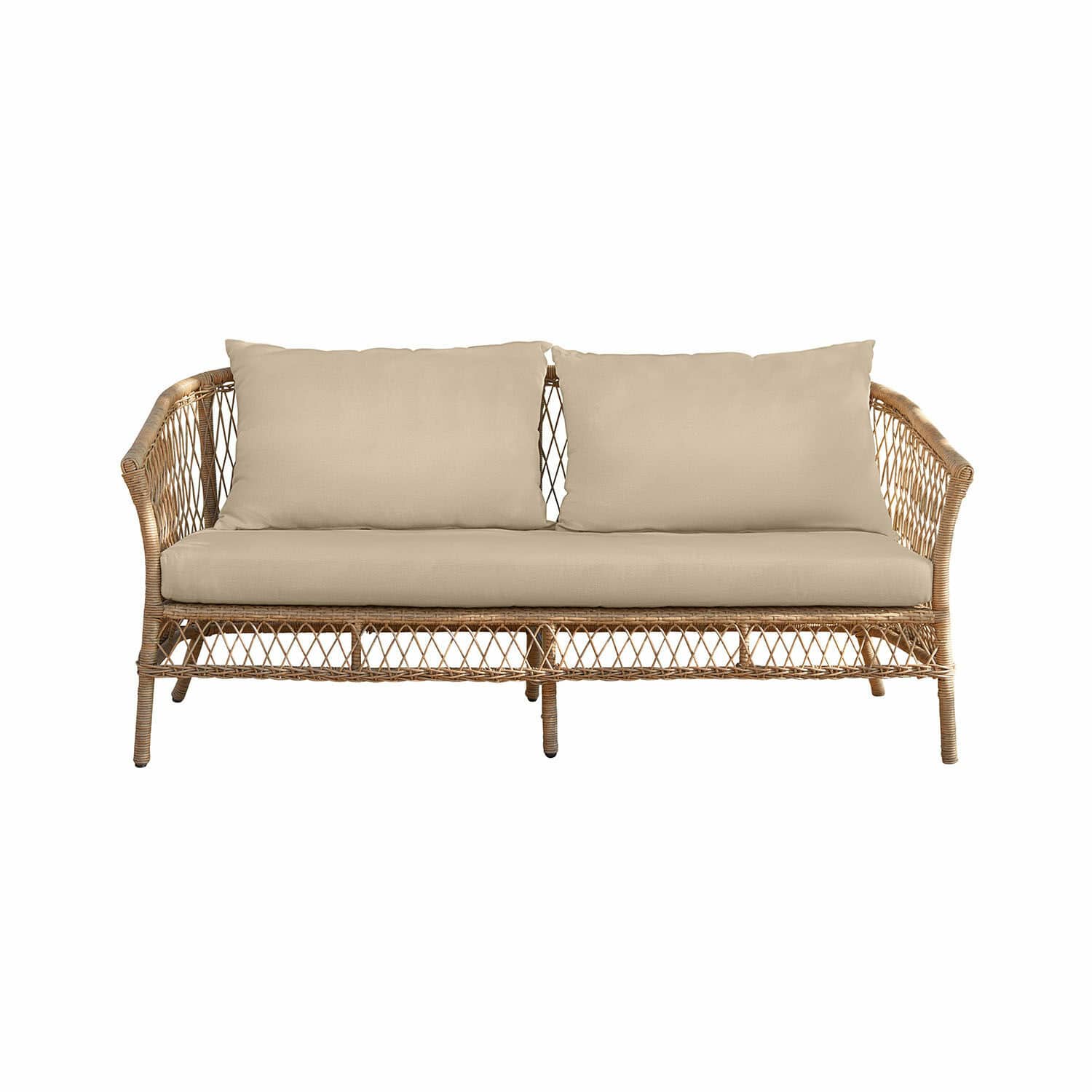 Rattansofa mit beigen Kissen, Gartenmöbel im natürlichen Stil