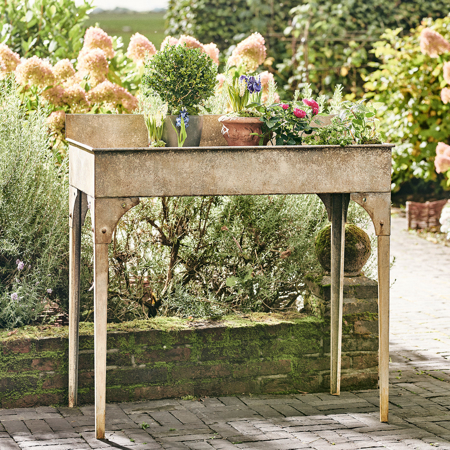 Metall-Gartentisch in patiniertem Bronzeton mit Pflanzen, ideal zum Anbau von Kräutern und Blumen