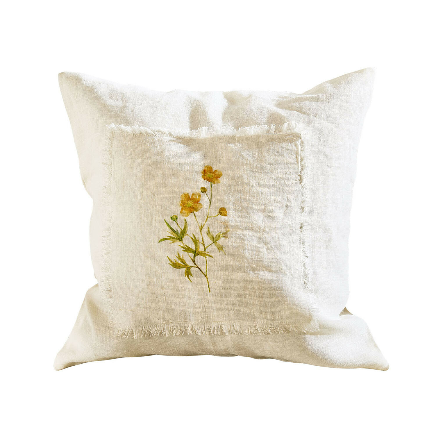Kissenhülle Coudrisse Leinenkissen in Ecru mit gelbem Blumenmotiv und Fransen, dekoratives Wohnaccessoire