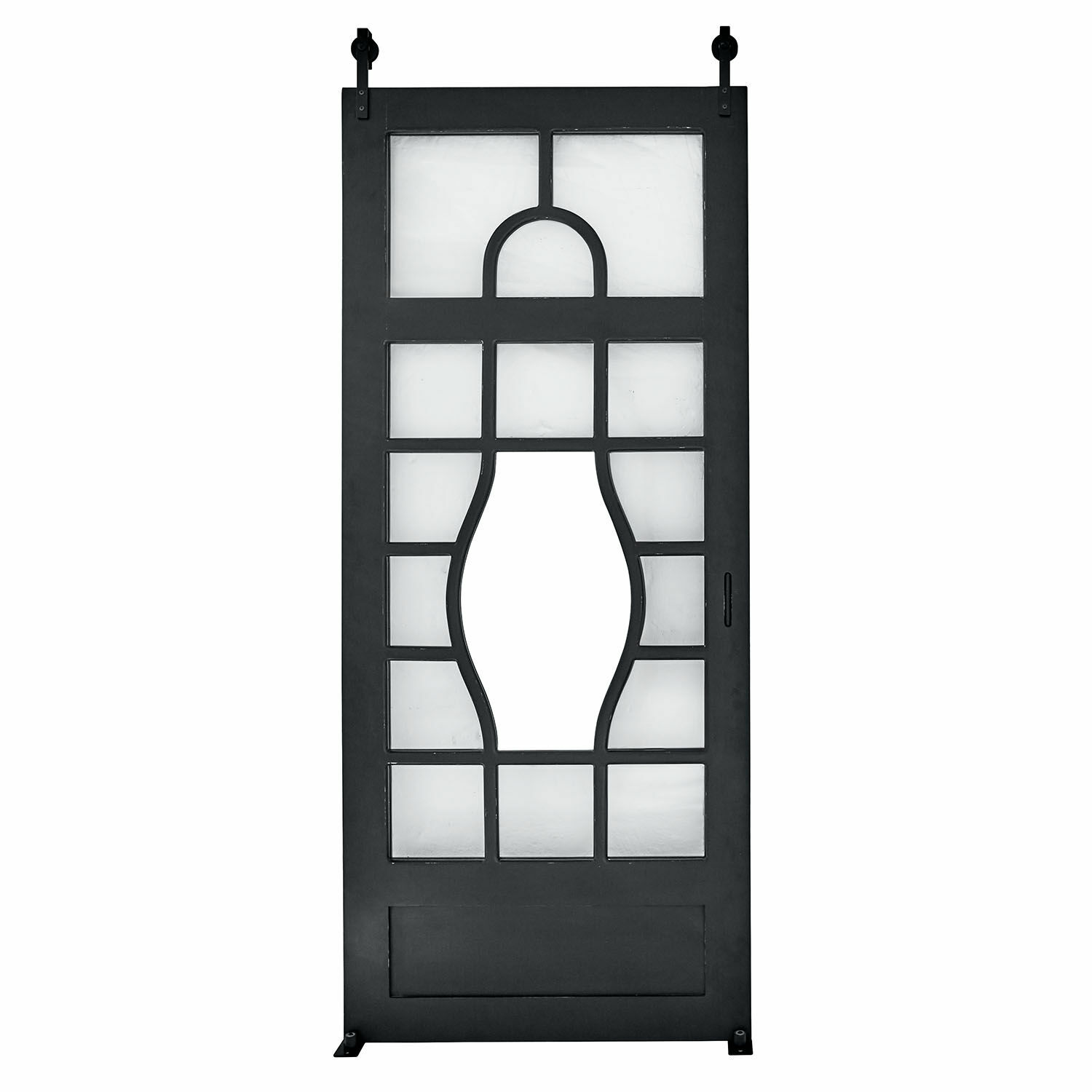 Schiebetür Wilmorton Schwarze Metall-Schiebetür mit geometrischem Muster und mattiertem Glas für Innenräume