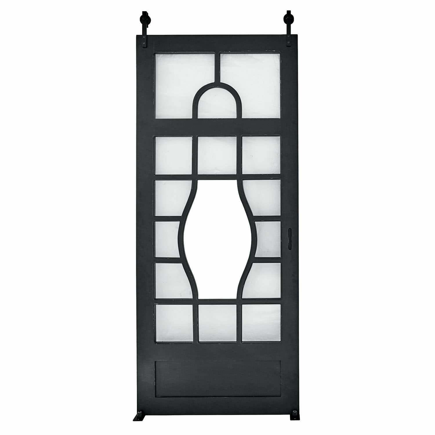Schiebetür Wilmorton Schwarze Metall-Schiebetür mit geometrischem Muster und mattiertem Glas für Innenräume