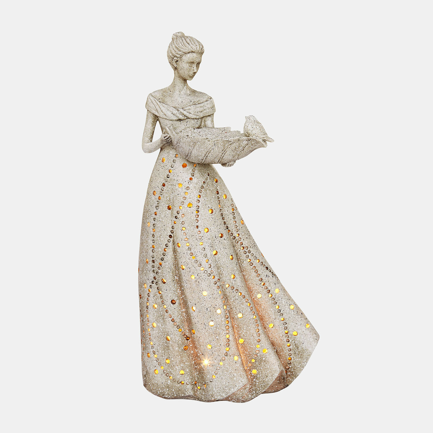 LED-Deko-Figur Maurelle Figur einer Frau aus hellem Stein mit Laterne und Vogel, LED-beleuchtete Gartendekoration