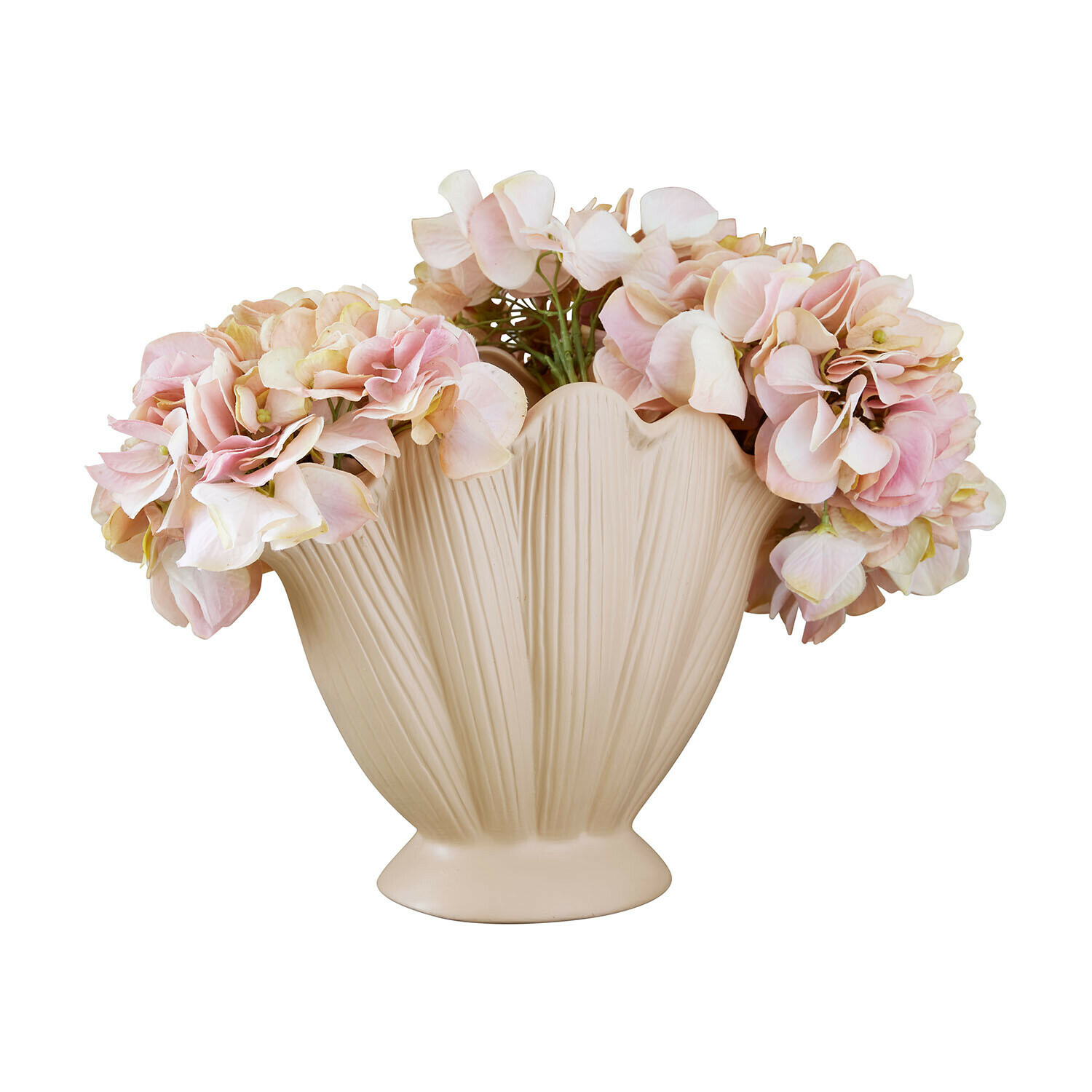 Vase Nuvienne Beige Keramikvase mit Blattstruktur und rosa Dekoblumen für stilvolle Wohnräume