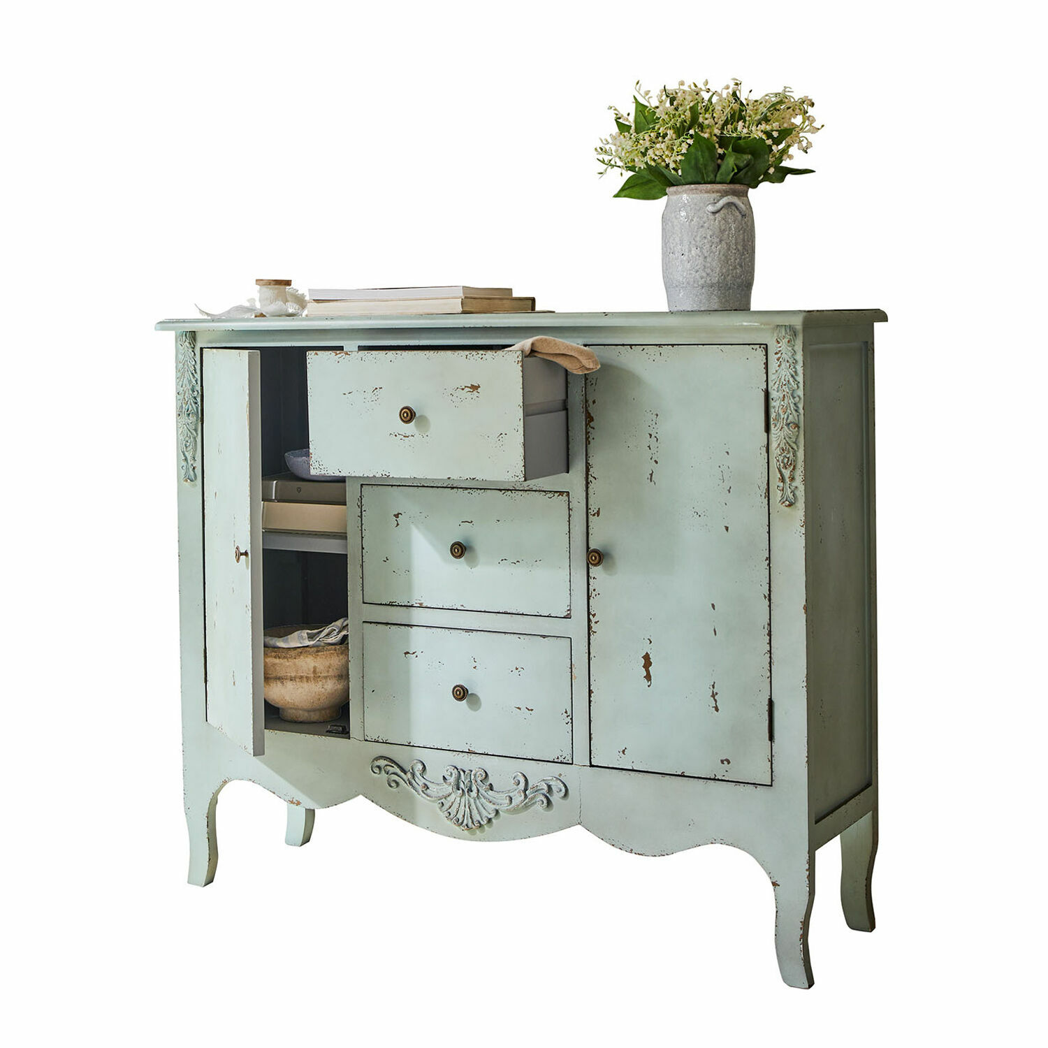Kommode Thalorian Mintgrüne Vintage-Holzkommode mit Schubladen und dekorativen Details für Wohnzimmer