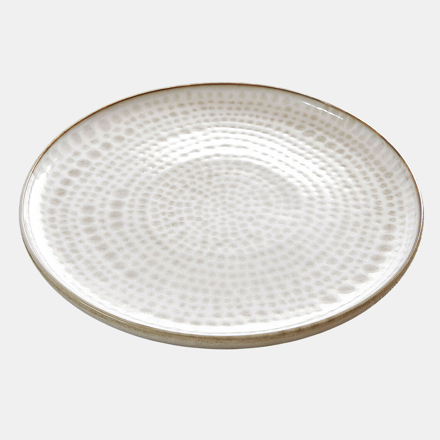 Weißer Keramikteller mit Punktstruktur und beigem Rand, modernes Design für den Esstisch