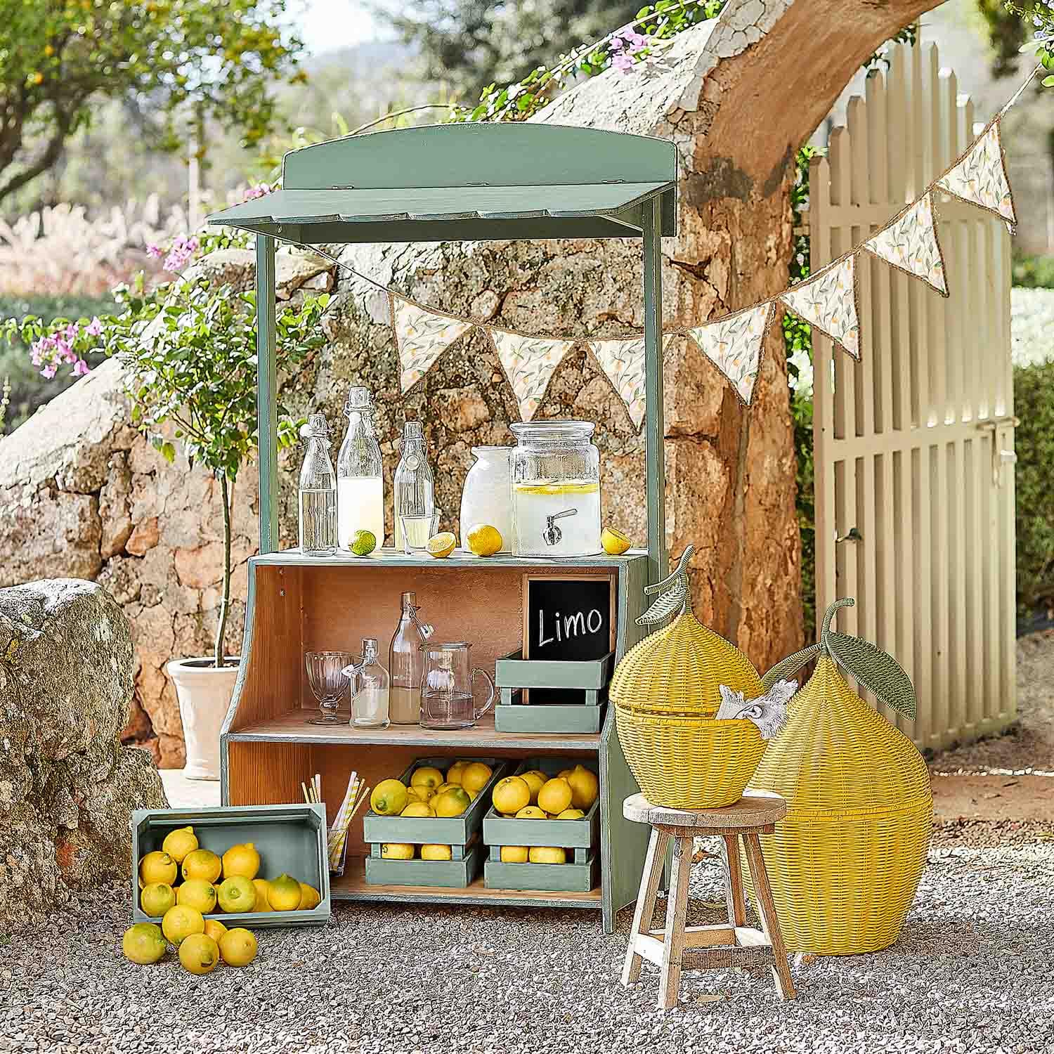 Grüner Holzstand mit Zitronen und Glasflaschen für Limonade in sonnigem Garten