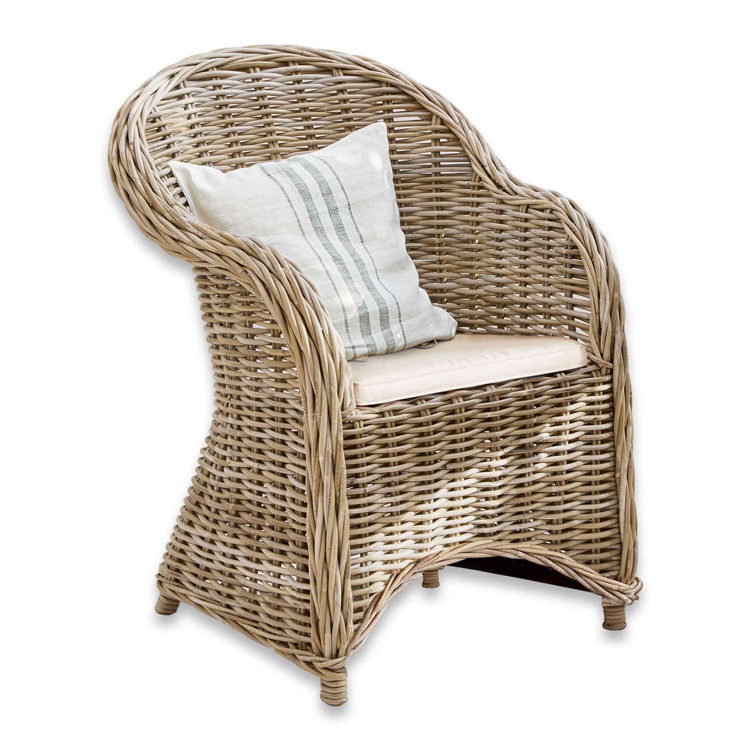 Sessel Margate Rattansessel in Naturfarbe mit hellem Sitzkissen und gestreiftem Dekokissen für Wohnzimmer