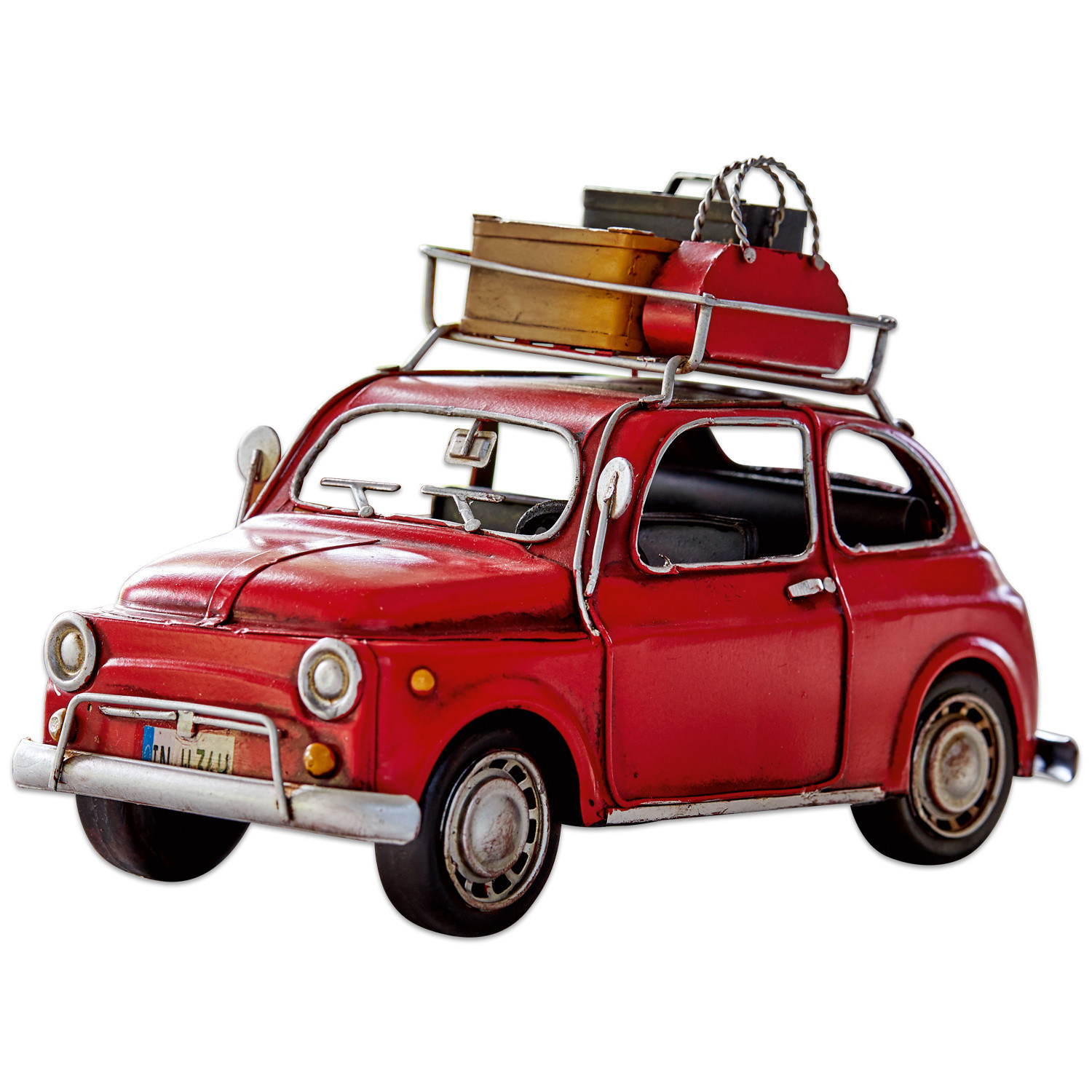 Rotes Metallmodellauto mit Dachgepäckträger und Koffern, Retro-Dekoration